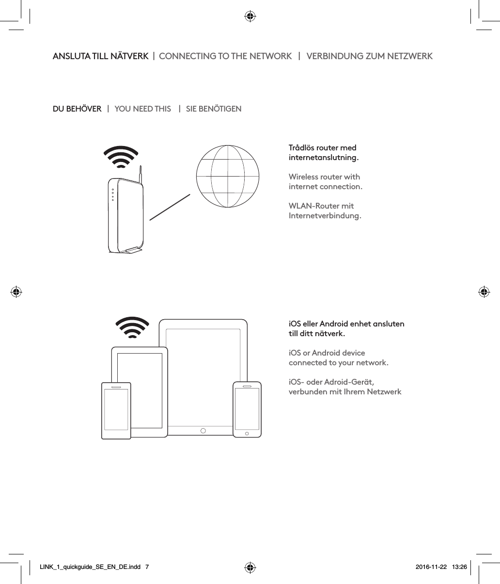 ANSLUTA TILL NÄTVERK    CONNECTING TO THE NETWORK      VERBINDUNG ZUM NETZWERKDU BEHÖVER      YOU NEED THIS       SIE BENÖTIGEN Trådlös router med  internetanslutning.Wireless router with  internet connection.WLAN-Router mit Internetverbindung.iOS eller Android enhet ansluten till ditt nätverk. iOS or Android device  connected to your network.iOS- oder Adroid-Gerät,  verbunden mit Ihrem NetzwerkLINK_1_quickguide_SE_EN_DE.indd   7 2016-11-22   13:26