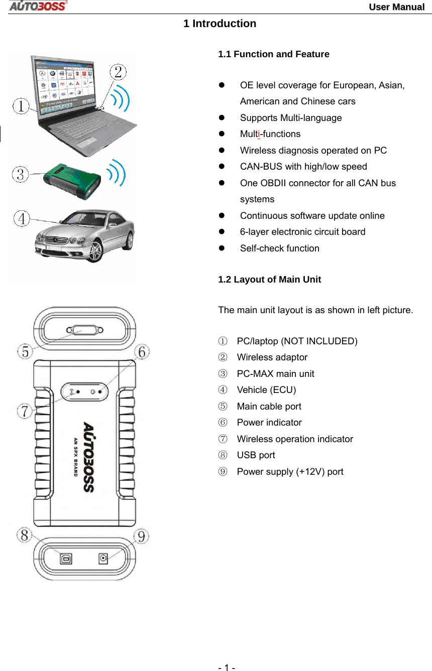                                                                                                                                 UUsseerr  MMaannuuaall   - 1 - 1 Introduction  1.1 Function and Feature z  OE level coverage for European, Asian, American and Chinese cars z Supports Multi-language z Multi-functions z  Wireless diagnosis operated on PC z  CAN-BUS with high/low speed z  One OBDII connector for all CAN bus systems z  Continuous software update online z  6-layer electronic circuit board z Self-check function 1.2 Layout of Main Unit The main unit layout is as shown in left picture. ① PC/laptop (NOT INCLUDED) ② Wireless adaptor ③ PC-MAX main unit ④ Vehicle (ECU) ⑤  Main cable port ⑥ Power indicator ⑦  Wireless operation indicator ⑧ USB port ⑨  Power supply (+12V) port 