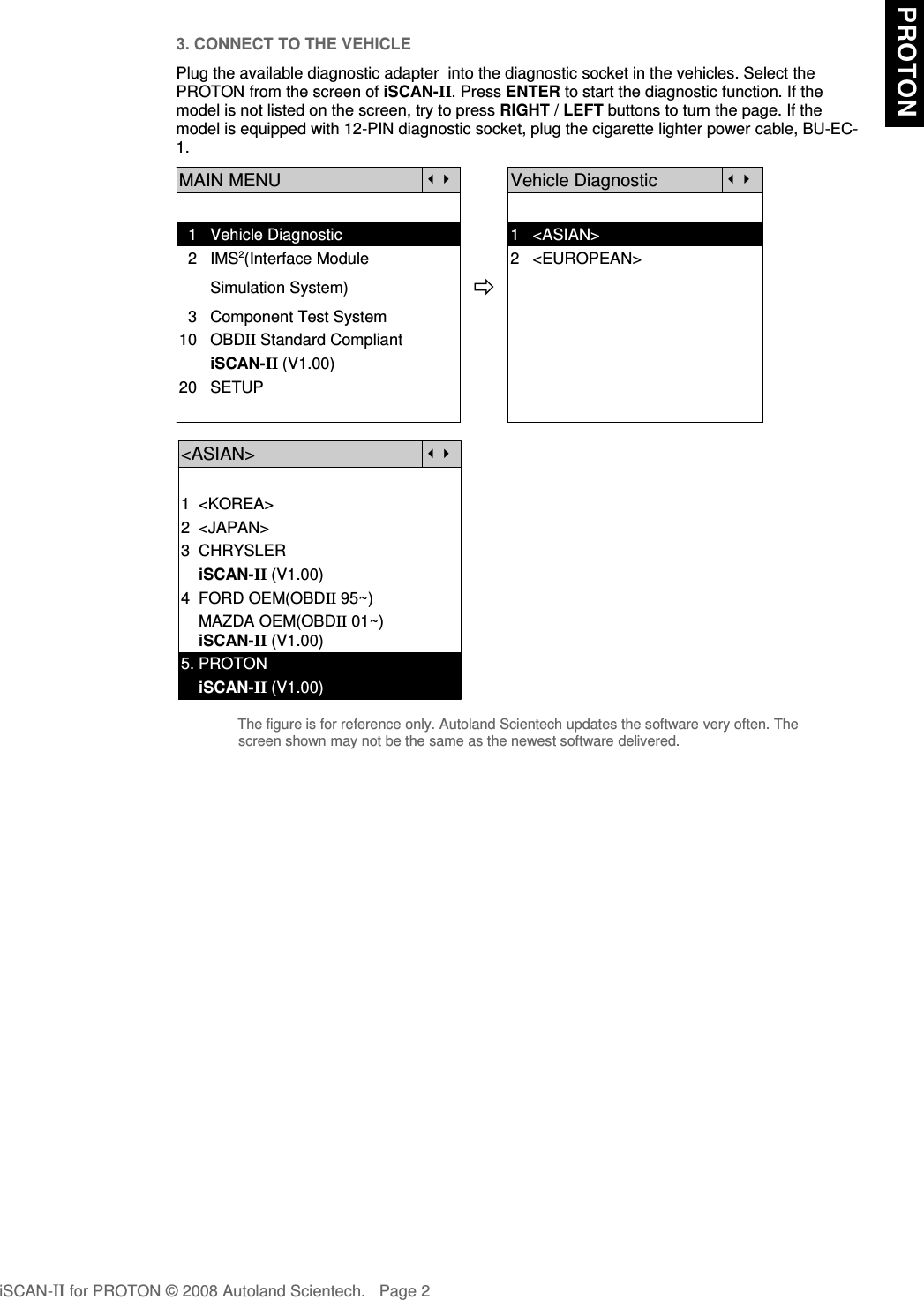 3. CONNECT TO THE VEHICLEPlug the available diagnostic adapter  into the diagnostic socket in the vehicles. Select thePROTON from the screen of iSCAN-II. Press ENTER to start the diagnostic function. If themodel is not listed on the screen, try to press RIGHT / LEFT buttons to turn the page. If themodel is equipped with 12-PIN diagnostic socket, plug the cigarette lighter power cable, BU-EC-1.MAIN MENUVehicle Diagnostic  1   Vehicle Diagnostic 1   &lt;ASIAN&gt;  2   IMS2(Interface Module      2   &lt;EUROPEAN&gt;       Simulation System)  3   Component Test System10   OBDII Standard Compliant       iSCAN-II (V1.00)20   SETUP&lt;ASIAN&gt;1  &lt;KOREA&gt;2  &lt;JAPAN&gt;3  CHRYSLER    iSCAN-II (V1.00)4  FORD OEM(OBDII 95~)    MAZDA OEM(OBDII 01~)    iSCAN-II (V1.00)5. PROTON    iSCAN-II (V1.00)The figure is for reference only. Autoland Scientech updates the software very often. Thescreen shown may not be the same as the newest software delivered.iSCAN-II for PROTON © 2008 Autoland Scientech. Page 2 PROTON