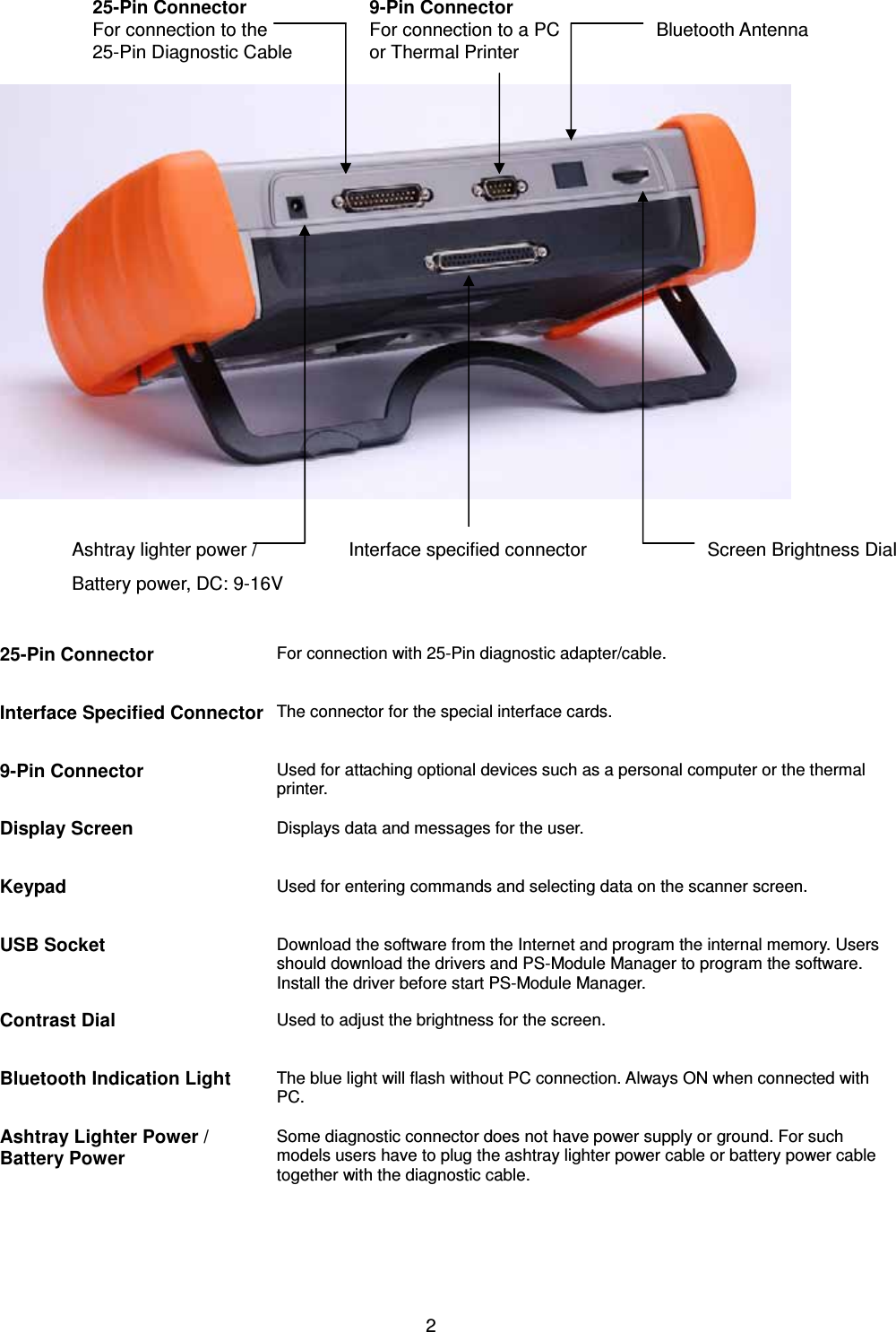 2 9-Pin Connector For connection to a PC or Thermal Printer                                                                              25-Pin Connector For connection with 25-Pin diagnostic adapter/cable. Interface Specified ConnectorThe connector for the special interface cards. 9-Pin Connector Used for attaching optional devices such as a personal computer or the thermal printer. Display Screen Displays data and messages for the user. Keypad Used for entering commands and selecting data on the scanner screen. USB Socket Download the software from the Internet and program the internal memory. Users should download the drivers and PS-Module Manager to program the software. Install the driver before start PS-Module Manager. Contrast Dial Used to adjust the brightness for the screen. Bluetooth Indication Light The blue light will flash without PC connection. Always ON when connected with PC. Ashtray Lighter Power / Battery Power Some diagnostic connector does not have power supply or ground. For such models users have to plug the ashtray lighter power cable or battery power cable together with the diagnostic cable.   25-Pin Connector For connection to the 25-Pin Diagnostic Cable Screen Brightness DialBluetooth Antenna Ashtray lighter power / Battery power, DC: 9-16VInterface specified connector 