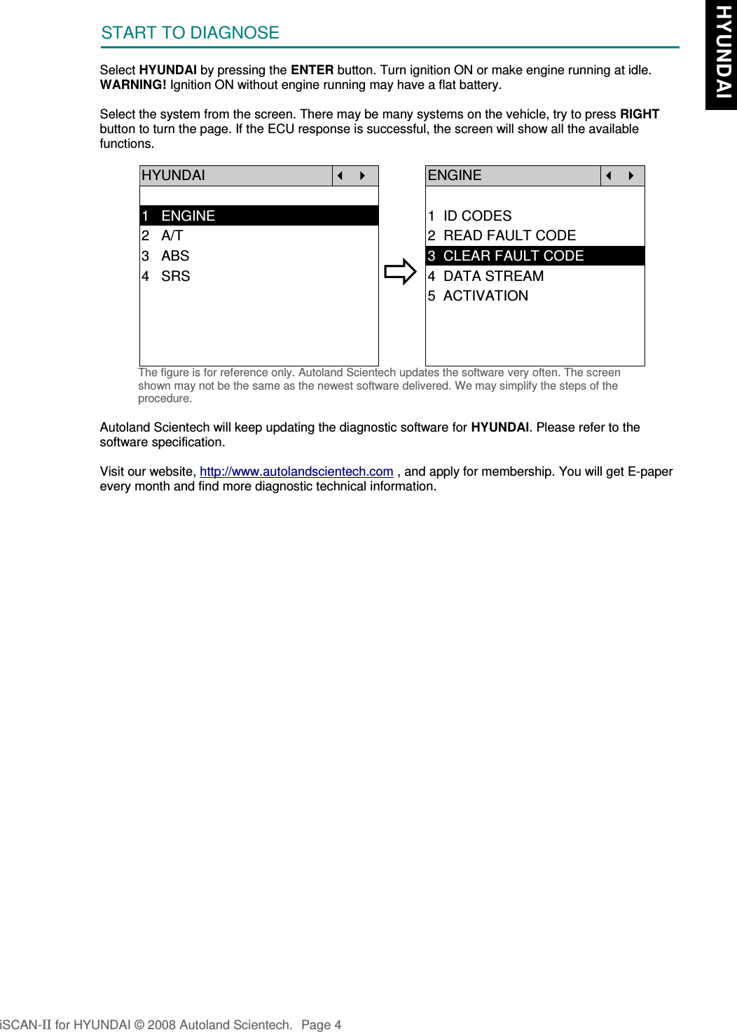 START TO DIAGNOSESelect HYUNDAI by pressing the ENTER button. Turn ignition ON or make engine running at idle.WARNING! Ignition ON without engine running may have a flat battery.Select the system from the screen. There may be many systems on the vehicle, try to press RIGHTbutton to turn the page. If the ECU response is successful, the screen will show all the availablefunctions.HYUNDAI   ENGINE  1   ENGINE 1  ID CODES2   A/T 2  READ FAULT CODE3   ABS4   SRS3  CLEAR FAULT CODE4  DATA STREAM5  ACTIVATIONThe figure is for reference only. Autoland Scientech updates the software very often. The screenshown may not be the same as the newest software delivered. We may simplify the steps of theprocedure.Autoland Scientech will keep updating the diagnostic software for HYUNDAI. Please refer to thesoftware specification.Visit our website, http://www.autolandscientech.com , and apply for membership. You will get E-paperevery month and find more diagnostic technical information.iSCAN-II for HYUNDAI © 2008 Autoland Scientech. Page 4 HYUNDAI