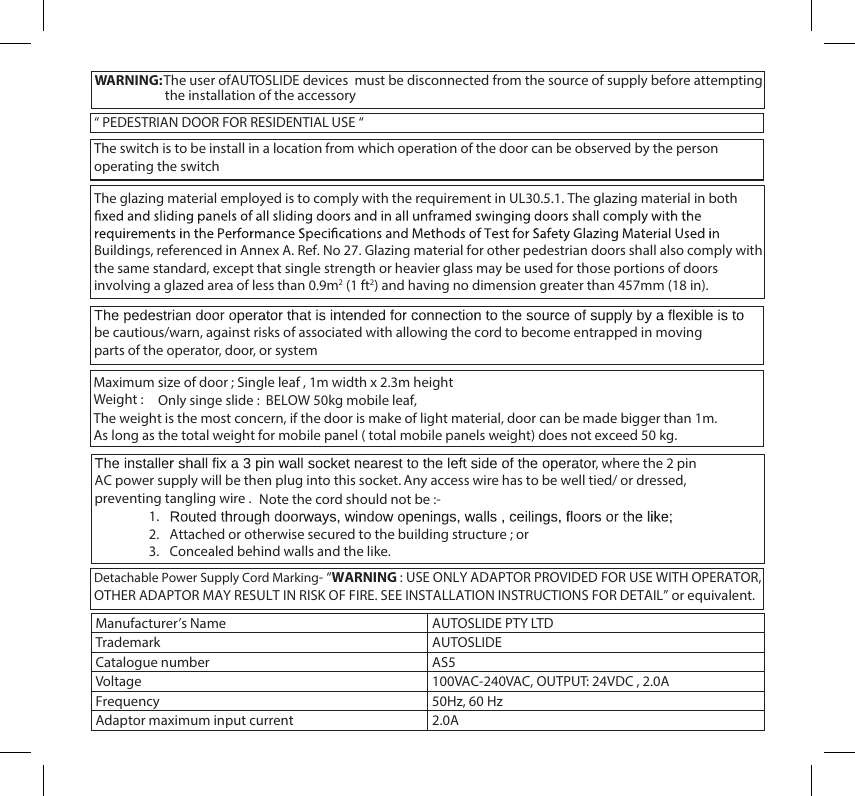 Page 2 of AUTOSLIDE AS5 Pedestrian AUTO Sliding Door Operator User Manual 