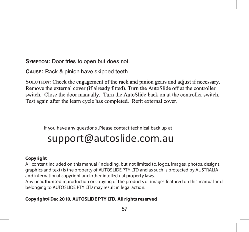 Page 58 of AUTOSLIDE AS5 Pedestrian AUTO Sliding Door Operator User Manual 