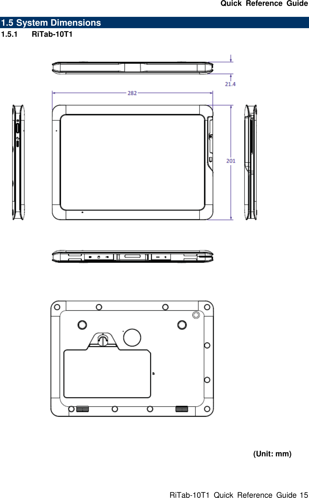 Quick  Reference  Guide RiTab-10T1  Quick  Reference  Guide 15 1.5 System Dimensions 1.5.1  RiTab-10T1      (Unit: mm) 