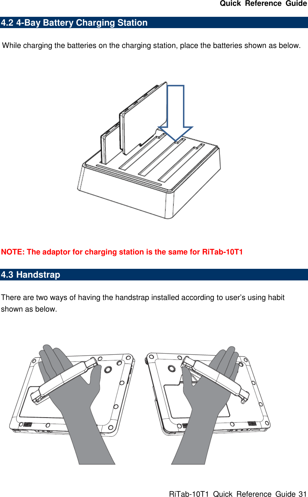 Quick  Reference  Guide RiTab-10T1  Quick  Reference  Guide 31 4.2 4-Bay Battery Charging Station  While charging the batteries on the charging station, place the batteries shown as below.  NOTE: The adaptor for charging station is the same for RiTab-10T1  4.3 Handstrap  There are two ways of having the handstrap installed according to user’s using habit shown as below.  