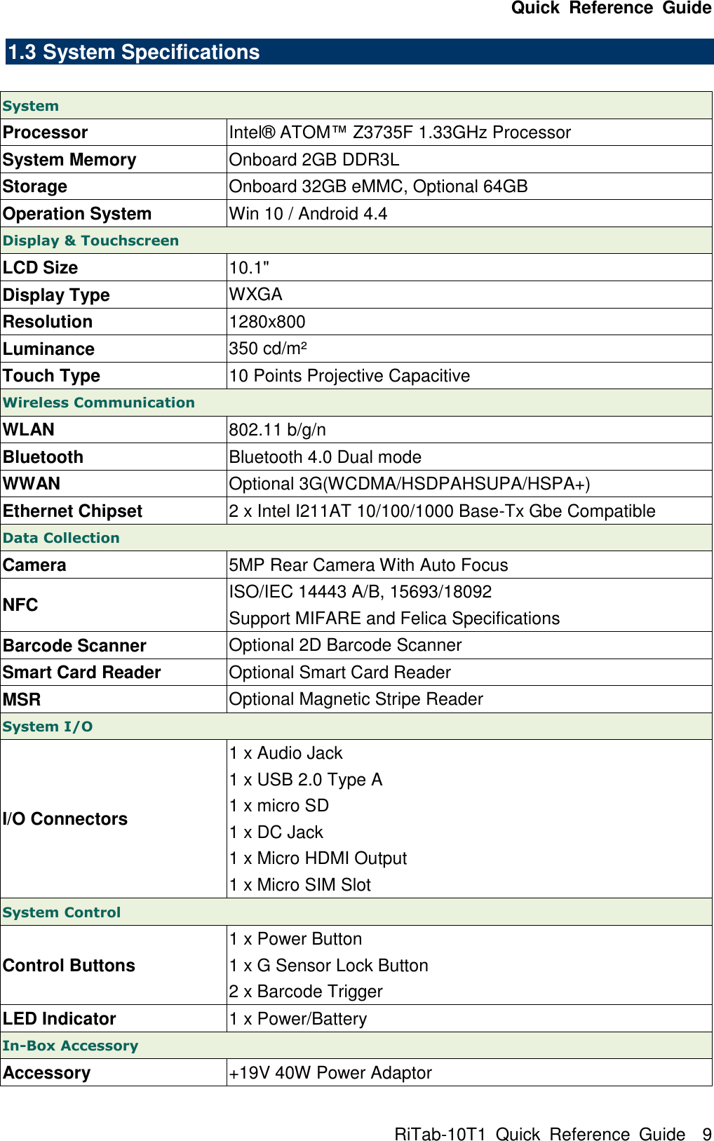 Quick  Reference  Guide RiTab-10T1  Quick  Reference  Guide 9 1.3 System Specifications  System Processor Intel®  ATOM™ Z3735F 1.33GHz Processor System Memory Onboard 2GB DDR3L Storage Onboard 32GB eMMC, Optional 64GB Operation System Win 10 / Android 4.4 Display &amp; Touchscreen LCD Size 10.1&quot; Display Type WXGA Resolution 1280x800 Luminance 350 cd/m² Touch Type 10 Points Projective Capacitive Wireless Communication WLAN 802.11 b/g/n Bluetooth Bluetooth 4.0 Dual mode WWAN Optional 3G(WCDMA/HSDPAHSUPA/HSPA+) Ethernet Chipset 2 x Intel I211AT 10/100/1000 Base-Tx Gbe Compatible Data Collection  Camera 5MP Rear Camera With Auto Focus NFC ISO/IEC 14443 A/B, 15693/18092 Support MIFARE and Felica Specifications Barcode Scanner Optional 2D Barcode Scanner Smart Card Reader Optional Smart Card Reader MSR Optional Magnetic Stripe Reader System I/O  I/O Connectors 1 x Audio Jack 1 x USB 2.0 Type A 1 x micro SD 1 x DC Jack 1 x Micro HDMI Output 1 x Micro SIM Slot System Control Control Buttons 1 x Power Button 1 x G Sensor Lock Button 2 x Barcode Trigger LED Indicator 1 x Power/Battery In-Box Accessory Accessory +19V 40W Power Adaptor 