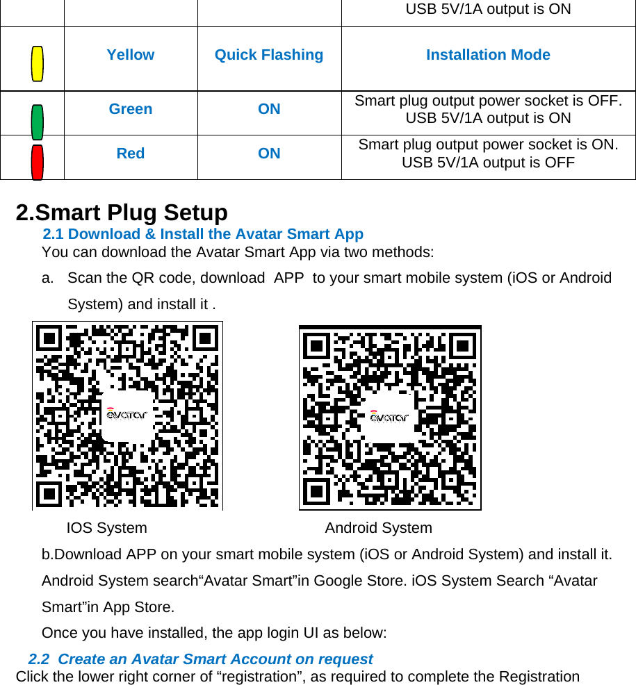 USB 5V/1A output is ONYellowQuick FlashingInstallation ModeGreenONSmart plug output power socket is OFF. USB 5V/1A output is ONRedONSmart plug output power socket is ON. USB 5V/1A output is OFF2.Smart Plug Setup 2.1 Download &amp; Install the Avatar Smart App You can download the Avatar Smart App via two methods:a.  Scan the QR code, download  APP  to your smart mobile system (iOS or Android System) and install it .                                     IOS System                                          Android Systemb.Download APP on your smart mobile system (iOS or Android System) and install it. Android System search&ldquo;Avatar Smart&rdquo;in Google Store. iOS System Search &ldquo;Avatar Smart&rdquo;in App Store.Once you have installed, the app login UI as below:       2.2  Create an Avatar Smart Account on request Click the lower right corner of &ldquo;registration&rdquo;, as required to complete the Registration  