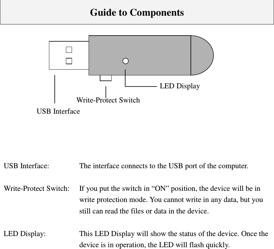    Guide to Components   USB Interface:    The interface connects to the USB port of the computer.  Write-Protect Switch:    If you put the switch in “ON” position, the device will be in write protection mode. You cannot write in any data, but you still can read the files or data in the device.  LED Display:  This LED Display will show the status of the device. Once the device is in operation, the LED will flash quickly.                USB Interface Write-Protect Switch LED Display 