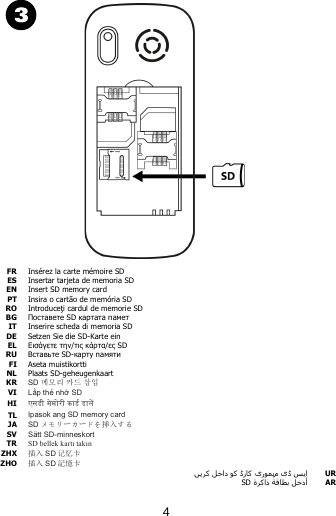  FR Insérez la carte mémoire SD   ES Insertar tarjeta de memoria SD   EN Insert SD memory card   PT Insira o cartão de memória SD   RO Introduceţi cardul de memorie SD   BG Поставете SD картата памет   IT Inserire scheda di memoria SD   DE  Setzen Sie die SD-Karte ein   EL Εισάγετε την/τις κάρτα/ες SD   RU Вставьте SD-карту памяти   FI Aseta muistikortti   NL Plaats SD-geheugenkaart   KR SD 메모리 카드 삽입    VI Lắp thẻ nhớ SD    HI   󰉆 󰍷    TL Ipasok ang SD memory card   JA SD メモリーカードを挿入する    SV Sätt SD-minneskort   TR SD bellek kartı takın  ZHX 插入 SD 记忆卡    ZHO 插入 SD 記憶卡     ﺍﺲﯾڈ یﻡ یﺭﻮﻤﯾﺮﮐ ﻞﺧﺍﺩ ﻮﮐ ڈﺭﺎﮐ ﮟﯾ UR   ﺓﺮﻛﺍﺫ ﺔﻗﺎﻄﺑ ﻞﺧﺩﺃSD AR  4