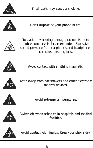  Small parts may cause a choking.  Don’t dispose of your phone in fire.   To avoid any hearing damage, do not listen to high volume levels for an extended. Excessive sound pressure from earphones and headphones can cause hearing loss.   Avoid contact with anything magnetic.  Keep away from pacemakers and other electronic medical devices.  Avoid extreme temperatures.  Switch off when asked to in hospitals and medical facilities.  Avoid contact with liquids. Keep your phone dry. 8