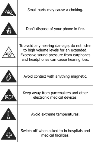    Small parts may cause a choking.  Don’t dispose of your phone in fire.   To avoid any hearing damage, do not listen to high volume levels for an extended. Excessive sound pressure from earphones and headphones can cause hearing loss.   Avoid contact with anything magnetic.  Keep away from pacemakers and other electronic medical devices.  Avoid extreme temperatures.  Switch off when asked to in hospitals and medical facilities. 