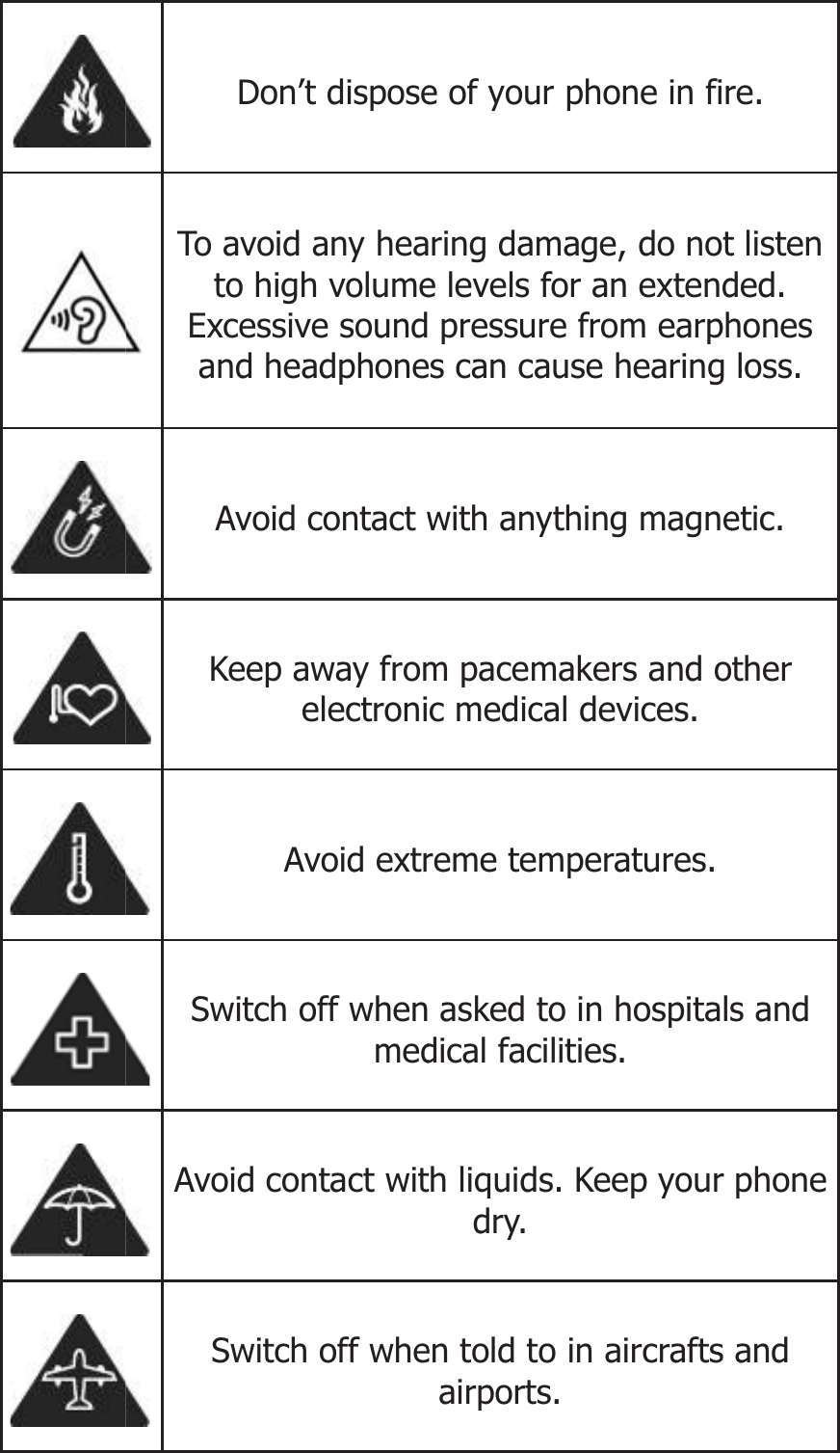  Don’t dispose To avoid any heato high volumeExcessive soundand headphone Avoid contact w Keep away fromelectroni Avoid extr Switch off whenmed Avoid contact wit Switch off whee of your phone in firring damage, do note levels for an extend pressure from earphs can cause hearing  with anything magnem pacemakers and oc medical devices. reme temperatures.  asked to in hospitalsdical facilities. th liquids. Keep your dry. en told to in aircrafts airports. re. t listen ded. hones loss. etic. ther s and phone and 