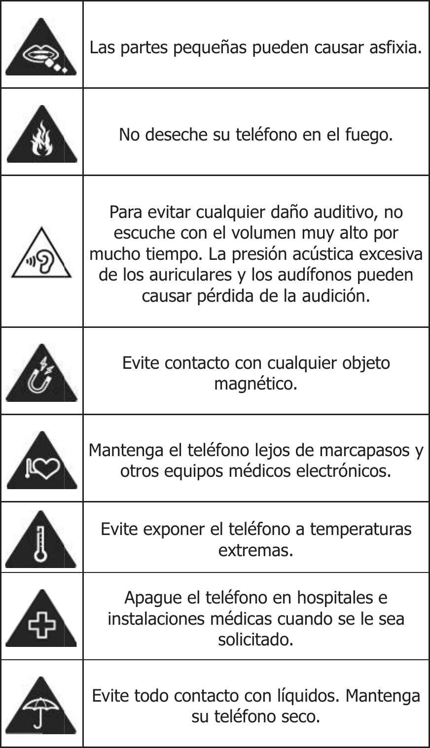  Las partes peque No deseche s Para evitar cuaescuche con emucho tiempo. Lade los auricularecausar pér Evite contactm Mantenga el teléfotros equipos Evite exponer ee Apague el teinstalaciones ms Evite todo contacsu teñas pueden causar asu teléfono en el fuegalquier daño auditivo,el volumen muy alto a presión acústica exes y los audífonos purdida de la audición.  to con cualquier objemagnético. fono lejos de marcaps médicos electrónicol teléfono a temperatextremas. eléfono en hospitales médicas cuando se le solicitado. cto con líquidos. Manteléfono seco. asfixia.go. , no por xcesiva ueden eto pasos y os. turas e sea ntenga 