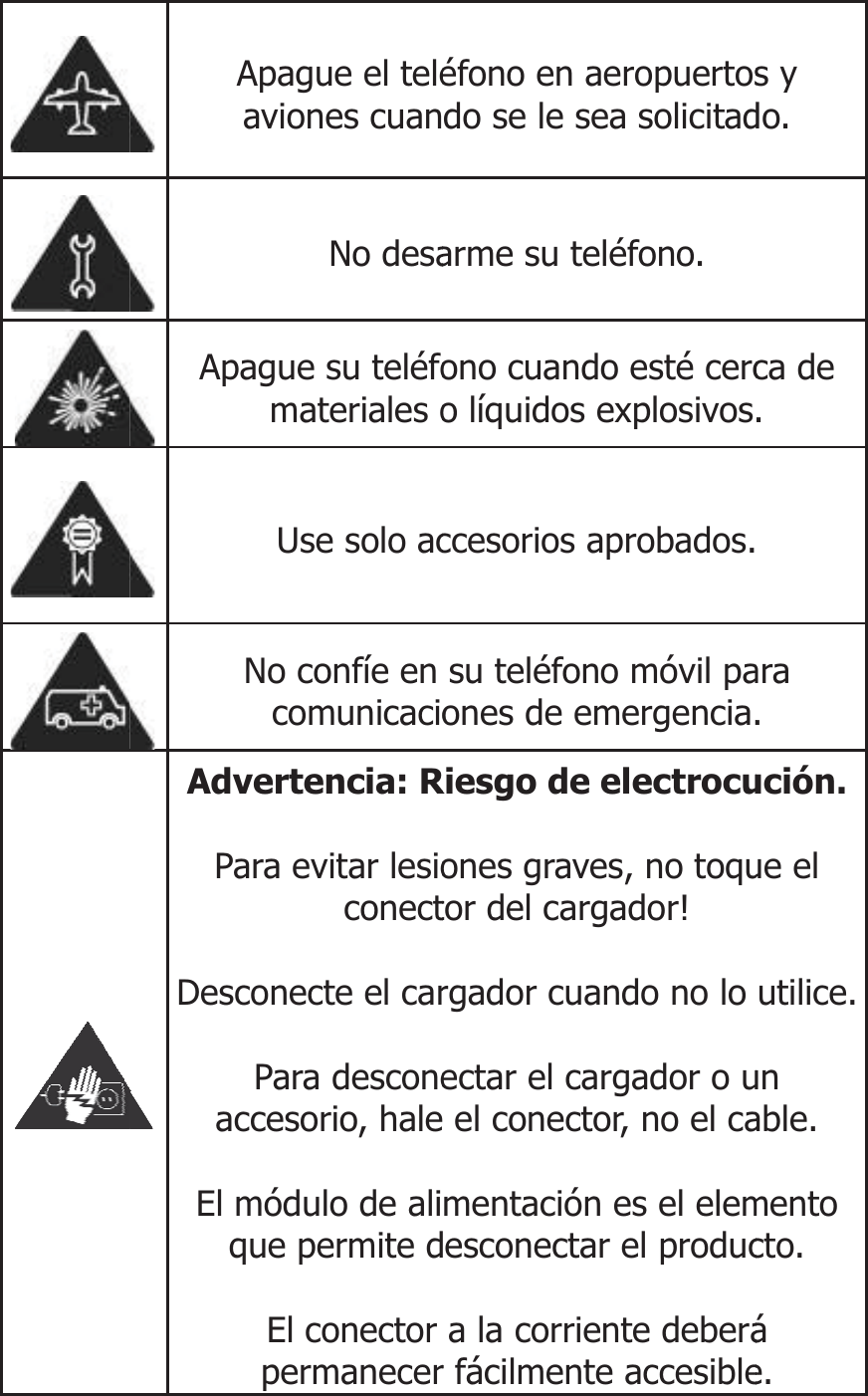  Apague el teléaviones cuan No desa Apague su teléfomateriales o Use solo ac No confíe en comunicacio Advertencia: RPara evitar lesioconectDesconecte el carPara desconeaccesorio, haleEl módulo de alique permite dEl conector permaneceréfono en aeropuertosdo se le sea solicitadarme su teléfono. ono cuando esté cerco líquidos explosivosccesorios aprobados.su teléfono móvil paones de emergencia.Riesgo de electrocu ones graves, no toqutor del cargador!  rgador cuando no lo  ectar el cargador o u el conector, no el ca mentación es el elemesconectar el produc a la corriente deberár fácilmente accesibles y do. ca de .  ara . ución.ue el utilice.un able. mento cto. á e. 