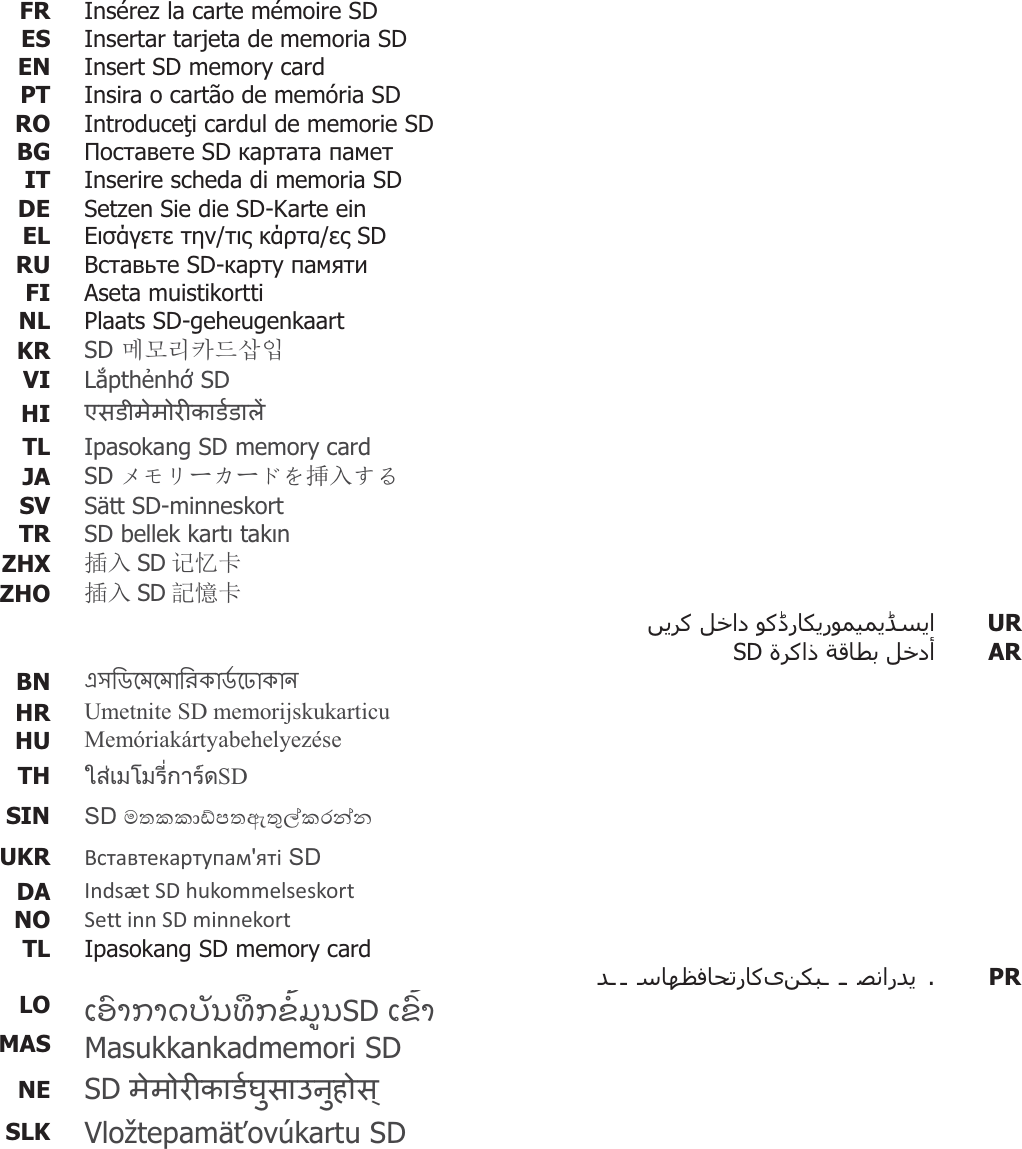 FR  Insérez la carte mémoire SD ES  Insertar tarjeta de memoria SDEN  Insert SD memory card PT  Insira o cartão de memória SDRO  Introducei cardul de memorie SDBG   SD  IT Inserire scheda di memoria SDDE  Setzen Sie die SD-Karte ein EL   / / SD RU   SD-  FI  Aseta muistikortti NL  Plaats SD-geheugenkaart KR  SD Ⲫ⳾Ⰲ䃊✲㌓㧛 VI  Lpthnh SD  HI   TL  Ipasokang SD memory card  JA  SD ɩɪɲόȳόɑȧ᥯ޕǮȠ SV Sätt SD-minneskort TR  SD bellek kart takn ZHX  ᨂޕ SD 䇠ᗶ঑ ZHO  ᨂޕ SD 䁈៦঑     UR     SD AR BN  e  HR  Umetnite SD memorijskukarticu HU  Memóriakártyabehelyezése TH  ࡶࡡᕍࡳࡘࡵࡘ࡚࡬ࡻ࠸ࡩ࡚ᕑࡋSD SIN  6&apos;UKR  6&apos;DA  Indsæt SD hukommelseskort NO  Sett inn SD minnekort TL  Ipasokang SD memory card       . PRLO  ƩƁǗǚƞSD ƩƙǗƞƀƞƇƌǐƋƊǓƀƁǞǚƒǖƋ MAS  Masukkankadmemori SD NE   SD  SLK  Vložtepamäovúkartu SD   