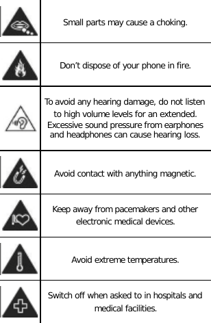    Small parts may cause a choking.   Don’t dispose of your phone in fire.  To avoid any hearing damage, do not listen to high volume levels for an extended. Excessive sound pressure from earphones and headphones can cause hearing loss.   Avoid contact with anything magnetic.  Keep away from pacemakers and other electronic medical devices.   Avoid extreme temperatures.  Switch off when asked to in hospitals and medical facilities. 