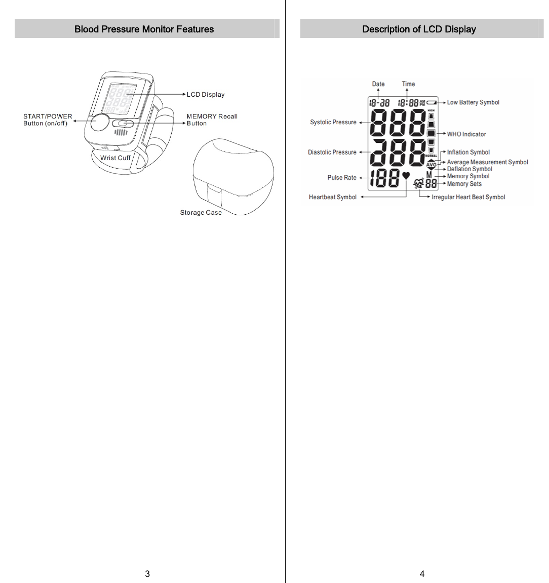   Blood Pressure Monitor Features    3   Description of LCD Display  4  