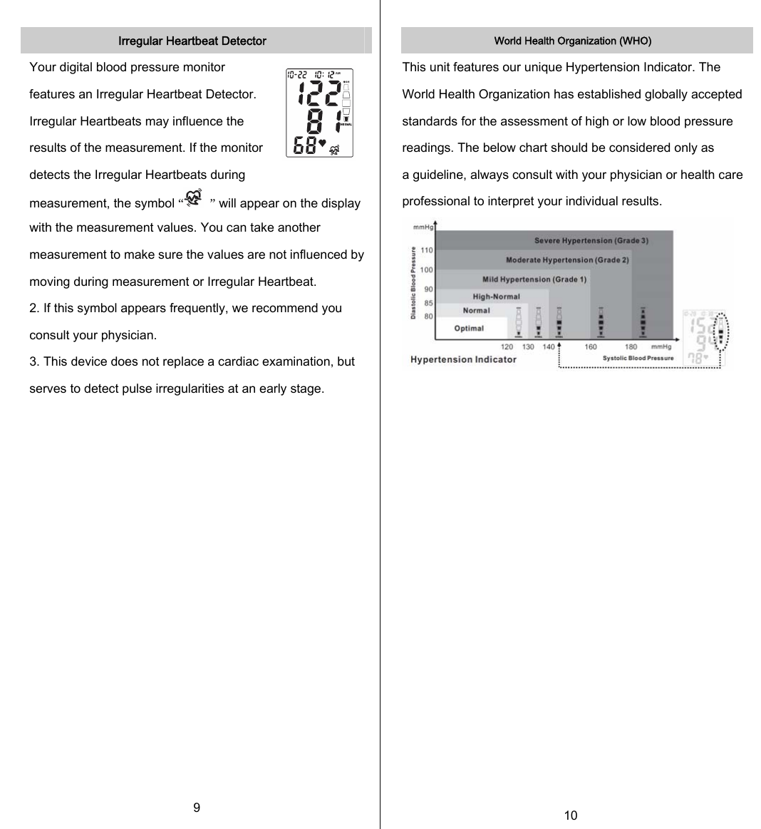   Irregular Heartbeat Detector Your digital blood pressure monitor features an Irregular Heartbeat Detector. Irregular Heartbeats may influence the results of the measurement. If the monitor detects the Irregular Heartbeats during measurement, the symbol “ ” will appear on the display with the measurement values. You can take another measurement to make sure the values are not influenced by moving during measurement or Irregular Heartbeat. 2. If this symbol appears frequently, we recommend you consult your physician. 3. This device does not replace a cardiac examination, but serves to detect pulse irregularities at an early stage. 9   World Health Organization (WHO) This unit features our unique Hypertension Indicator. The World Health Organization has established globally accepted standards for the assessment of high or low blood pressure readings. The below chart should be considered only as a guideline, always consult with your physician or health care professional to interpret your individual results.                  10           