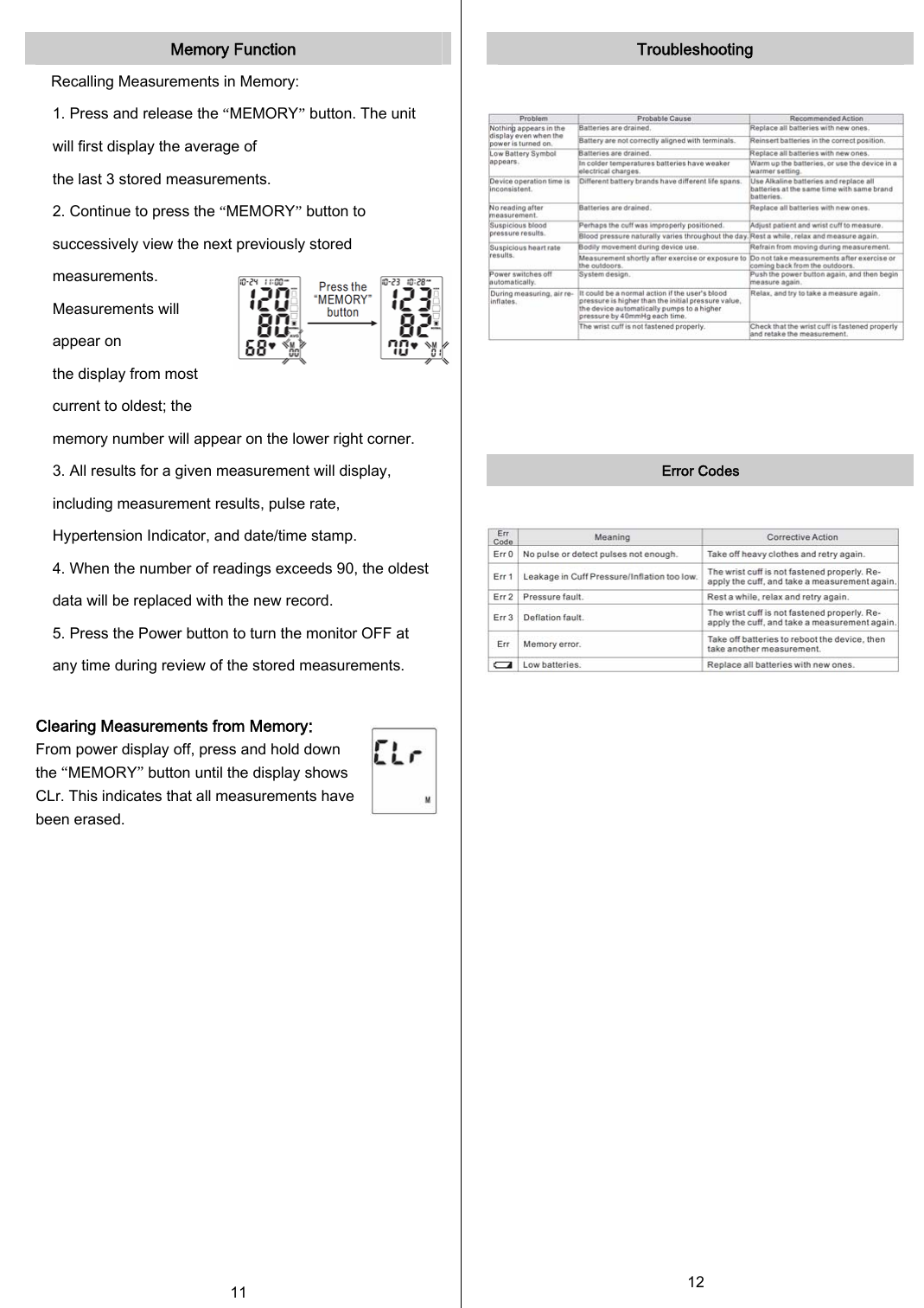  Memory Function Recalling Measurements in Memory: 1. Press and release the “MEMORY” button. The unit will first display the average of the last 3 stored measurements. 2. Continue to press the “MEMORY” button to successively view the next previously stored measurements. Measurements will appear on the display from most current to oldest; the memory number will appear on the lower right corner. 3. All results for a given measurement will display, including measurement results, pulse rate, Hypertension Indicator, and date/time stamp. 4. When the number of readings exceeds 90, the oldest data will be replaced with the new record. 5. Press the Power button to turn the monitor OFF at any time during review of the stored measurements.  Clearing Measurements from Memory: From power display off, press and hold down the “MEMORY” button until the display shows CLr. This indicates that all measurements have been erased.               11  Troubleshooting      Error Codes                           12  