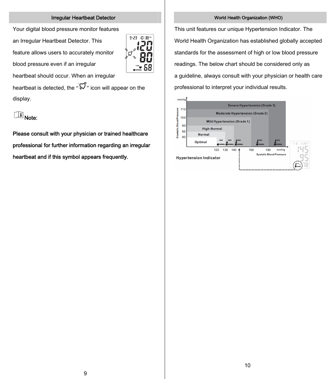   Irregular Heartbeat Detector Your digital blood pressure monitor features an Irregular Heartbeat Detector. This feature allows users to accurately monitor blood pressure even if an irregular heartbeat should occur. When an irregular heartbeat is detected, the “” icon will appear on the display. Note: Please consult with your physician or trained healthcare professional for further information regarding an irregular heartbeat and if this symbol appears frequently.    9  World Health Organization (WHO) This unit features our unique Hypertension Indicator. The World Health Organization has established globally accepted standards for the assessment of high or low blood pressure readings. The below chart should be considered only as a guideline, always consult with your physician or health care professional to interpret your individual results.                  10         