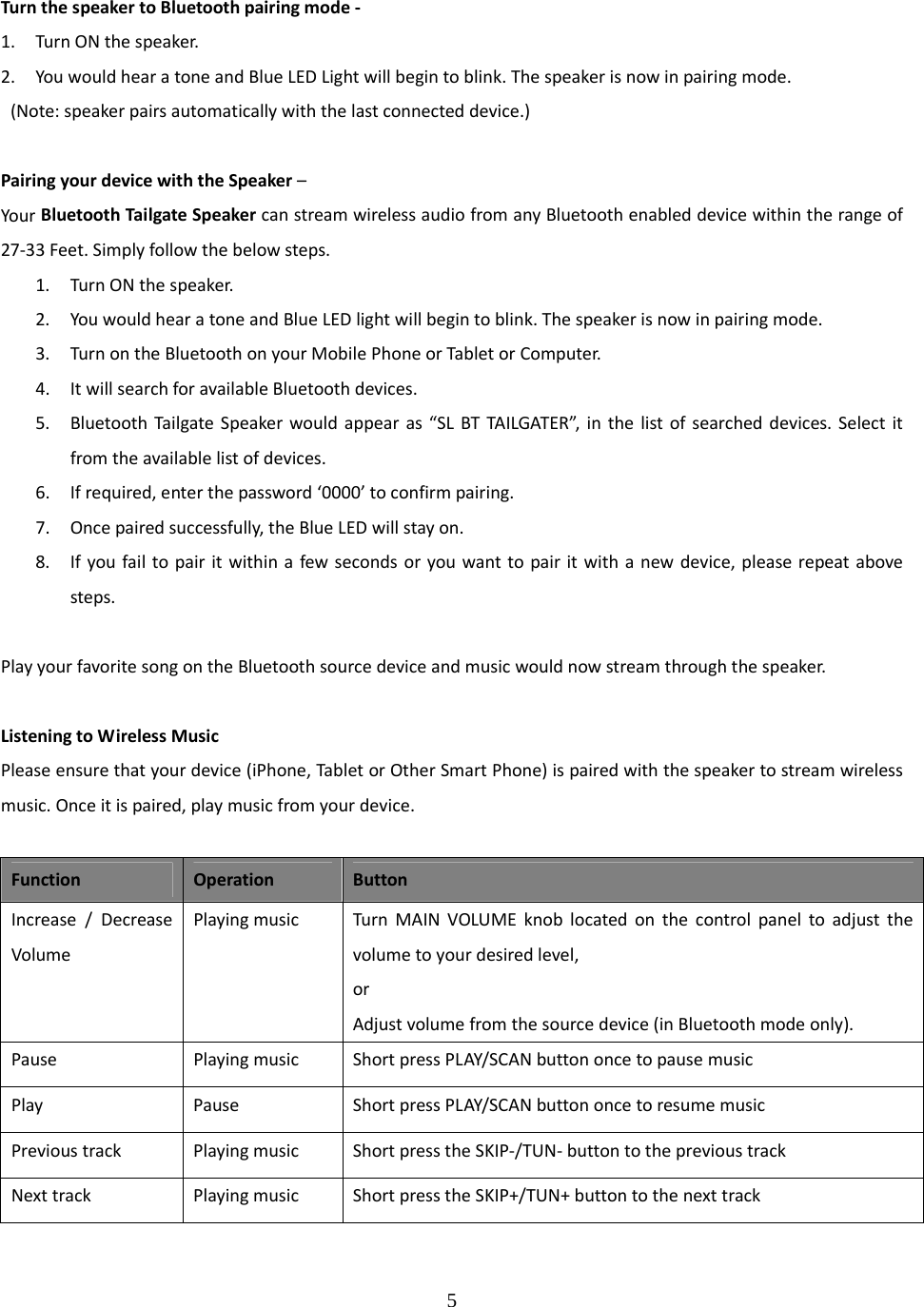 5  TurnthespeakertoBluetoothpairingmode‐ 1. TurnONthespeaker.2. YouwouldhearatoneandBlueLEDLightwillbegintoblink.Thespeakerisnowinpairingmode.(Note:speakerpairsautomaticallywiththelastconnecteddevice.)PairingyourdevicewiththeSpeaker&ndash;YourBluetoothTailgateSpeakercanstreamwirelessaudiofromanyBluetoothenableddevicewithintherangeof27‐33Feet.Simplyfollowthebelowsteps.1. TurnONthespeaker.2. YouwouldhearatoneandBlueLEDlightwillbegintoblink.Thespeakerisnowinpairingmode.3. TurnontheBluetoothonyourMobilePhoneorTabletorComputer.4. ItwillsearchforavailableBluetoothdevices.5. BluetoothTailgateSpeakerwouldappearas&ldquo;SLBTTAILGATER&rdquo;,inthelistofsearcheddevices.Selectitfromtheavailablelistofdevices.6. Ifrequired,enterthepassword&lsquo;0000&rsquo;toconfirmpairing.7. Oncepairedsuccessfully,theBlueLEDwillstayon.8. Ifyoufailtopairitwithinafewsecondsoryouwanttopairitwithanewdevice,pleaserepeatabovesteps.PlayyourfavoritesongontheBluetoothsourcedeviceandmusicwouldnowstreamthroughthespeaker.ListeningtoWirelessMusicPleaseensurethatyourdevice(iPhone,TabletorOtherSmartPhone)ispairedwiththespeakertostreamwirelessmusic.Onceitispaired,playmusicfromyourdevice.FunctionOperationButtonIncrease/DecreaseVolumePlayingmusicTurnMAINVOLUMEknoblocatedonthecontrolpaneltoadjustthevolumetoyourdesiredlevel,orAdjustvolumefromthesourcedevice(inBluetoothmodeonly).PausePlayingmusicShortpressPLAY/SCANbuttononcetopausemusicPlayPauseShortpressPLAY/SCANbuttononcetoresumemusicPrevioustrackPlayingmusicShortpresstheSKIP‐/TUN‐buttontotheprevioustrackNexttrackPlayingmusicShortpresstheSKIP+/TUN+buttontothenexttrack