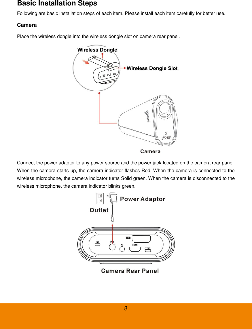  8 Basic Installation Steps Following are basic installation steps of each item. Please install each item carefully for better use. Camera Place the wireless dongle into the wireless dongle slot on camera rear panel.  Connect the power adaptor to any power source and the power jack located on the camera rear panel. When the camera starts up, the camera indicator flashes Red. When the camera is connected to the wireless microphone, the camera indicator turns Solid green. When the camera is disconnected to the wireless microphone, the camera indicator blinks green.  