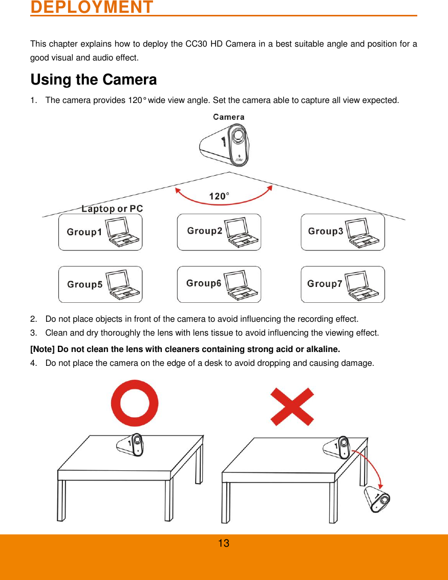  13 DEPLOYMENT                                     This chapter explains how to deploy the CC30 HD Camera in a best suitable angle and position for a good visual and audio effect. Using the Camera   1. The camera provides 120&deg; wide view angle. Set the camera able to capture all view expected.  2.  Do not place objects in front of the camera to avoid influencing the recording effect. 3.  Clean and dry thoroughly the lens with lens tissue to avoid influencing the viewing effect. [Note] Do not clean the lens with cleaners containing strong acid or alkaline. 4.  Do not place the camera on the edge of a desk to avoid dropping and causing damage.  
