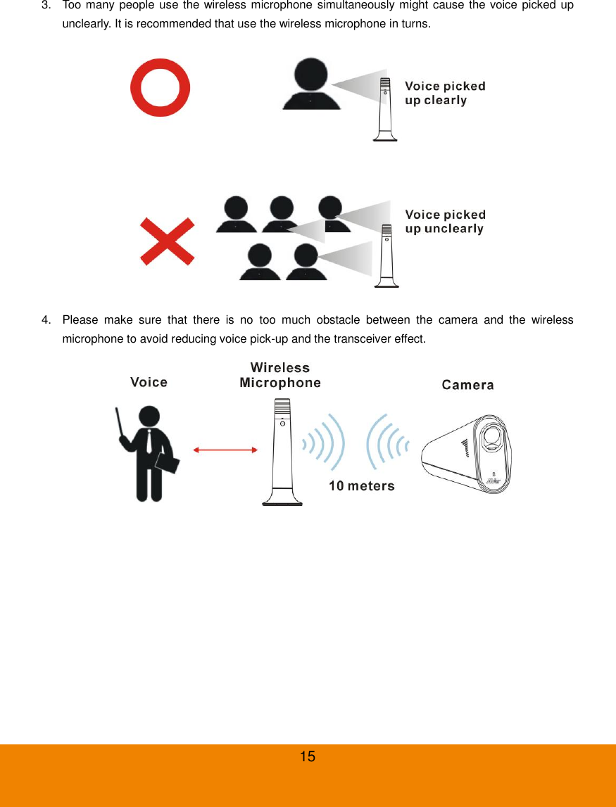 15 3.  Too many people use the wireless microphone simultaneously might cause the voice picked up unclearly. It is recommended that use the wireless microphone in turns.  4.  Please  make  sure  that  there  is  no  too  much  obstacle  between  the  camera  and  the  wireless microphone to avoid reducing voice pick-up and the transceiver effect.  