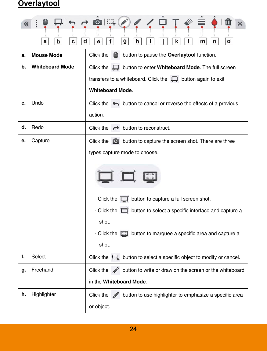  24 Overlaytool  a.  Mouse Mode Click the    button to pause the Overlaytool function. b.  Whiteboard Mode Click the    button to enter Whiteboard Mode. The full screen transfers to a whiteboard. Click the    button again to exit Whiteboard Mode. c. Undo Click the    button to cancel or reverse the effects of a previous action. d. Redo Click the    button to reconstruct. e. Capture Click the    button to capture the screen shot. There are three types capture mode to choose.  - Click the    button to capture a full screen shot. - Click the    button to select a specific interface and capture a shot. - Click the    button to marquee a specific area and capture a shot. f. Select Click the    button to select a specific object to modify or cancel. g. Freehand Click the    button to write or draw on the screen or the whiteboard in the Whiteboard Mode. h. Highlighter Click the    button to use highlighter to emphasize a specific area or object. 