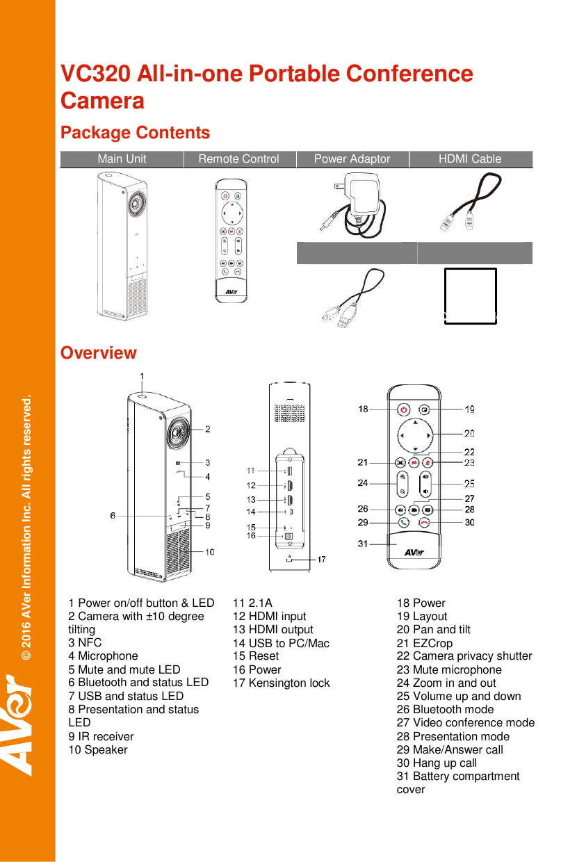 &copy; 2016 AVer Information Inc. All rights reserved. VC320 All-in-one Portable Conference Camera  Package Contents  Main Unit Remote Control  Power Adaptor  HDMI Cable                                         USB Cable  Quick Guide  Overview                 1 Power on/off button &amp; LED 2 Camera with &plusmn;10 degree tilting 3 NFC 4 Microphone 5 Mute and mute LED 6 Bluetooth and status LED 7 USB and status LED 8 Presentation and status LED 9 IR receiver 10 Speaker 11 2.1A 12 HDMI input 13 HDMI output 14 USB to PC/Mac 15 Reset 16 Power 17 Kensington lock 18 Power 19 Layout 20 Pan and tilt 21 EZCrop 22 Camera privacy shutter 23 Mute microphone 24 Zoom in and out 25 Volume up and down 26 Bluetooth mode 27 Video conference mode 28 Presentation mode 29 Make/Answer call 30 Hang up call 31 Battery compartment cover 