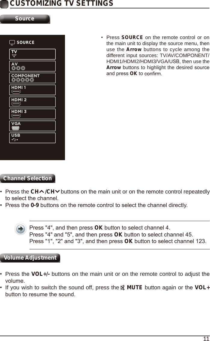 11CUSTOMIZING TV SETTINGSSourceSOURCETVAVCOMPONENTHDMI 1HDMI 2HDMI 3VGAUSB&bull;  Press SOURCE on the remote control or on the main unit to display the source menu, then use the Arrow buttons to cycle among the different input sources: TV/AV/COMPONENT/HDMI1/HDMI2/HDMI3/VGA/USB, then use the Arrow buttons to highlight the desired source and press OK to Channel Selection &bull;  Press the CH    /CH    buttons on the main unit or on the remote control repeatedly to select the channel.&bull;  Press the 0-9 buttons on the remote control to select the channel directly.Press "4", and then press OK button to select channel 4.Press "4" and "5", and then press OK button to select channel 45.Press "1", "2" and "3", and then press OK button to select channel 123.&bull;  Press the VOL+/- buttons on the main unit or on the remote control to adjust the volume.&bull;  If you wish to switch the sound off, press the    MUTE button again or the VOL+ button to resume the sound.Volume Adjustment