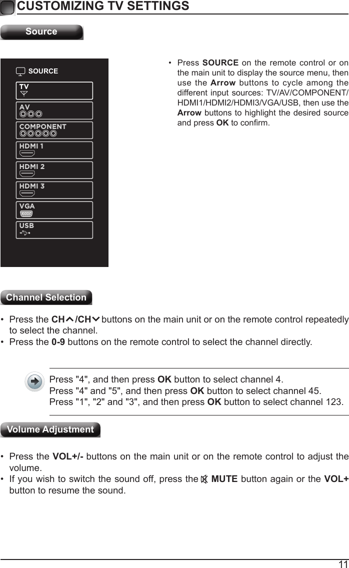 11CUSTOMIZING TV SETTINGSSourceSOURCETVAVCOMPONENTHDMI 1HDMI 2HDMI 3VGAUSB&bull; Press SOURCE on the remote control or on the main unit to display the source menu, then use  the Arrow buttons  to cycle among the different input sources: TV/AV/COMPONENT/HDMI1/HDMI2/HDMI3/VGA/USB, then use the Arrow buttons to highlight the desired source and press OKtoconrm.Channel Selection &bull; Press the CH    /CH    buttons on the main unit or on the remote control repeatedly to select the channel.&bull; Press the 0-9 buttons on the remote control to select the channel directly.Press "4", and then press OK button to select channel 4.Press "4" and "5", and then press OK button to select channel 45.Press "1", "2" and "3", and then press OK button to select channel 123.&bull; Press the VOL+/- buttons on the main unit or on the remote control to adjust the volume.&bull; If you wish to switch the sound off, press the    MUTE button again or the VOL+ button to resume the sound.Volume Adjustment