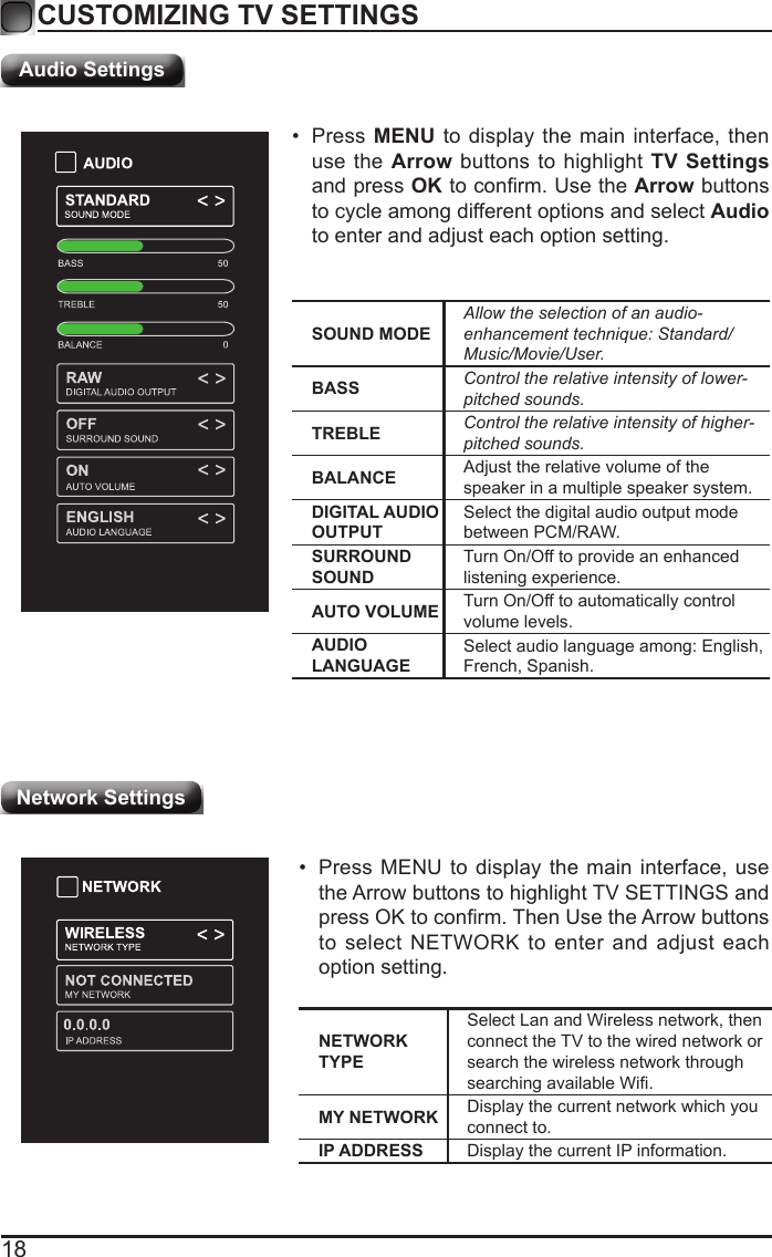 18CUSTOMIZING TV SETTINGSAudio SettingsSOUND MODEAllowtheselectionofanaudio-enhancementtechnique:Standard/Music/Movie/User.BASS Controltherelativeintensityoflower-pitchedsounds.TREBLE Controltherelativeintensityofhigher-pitchedsounds.BALANCE Adjust the relative volume of the speaker in a multiple speaker system.DIGITAL AUDIO OUTPUTSelect the digital audio output mode between PCM/RAW.SURROUND SOUNDTurn On/Off to provide an enhanced listening experience.AUTO VOLUME Turn On/Off to automatically control volume levels.AUDIO LANGUAGESelect audio language among: English, French, Spanish.&bull; Press MENU to display the main interface, then use the Arrow buttons to highlight TV Settings and press OKtoconrm.UsetheArrow buttons to cycle among different options and select Audio to enter and adjust each option setting.NETWORK TYPESelect Lan and Wireless network, then connect the TV to the wired network or search the wireless network through searchingavailableWi.MY NETWORK Display the current network which you connect to.IP ADDRESS Display the current IP information.&bull; Press MENU to display the main interface, use the Arrow buttons to highlight TV SETTINGS and pressOKtoconrm.ThenUsetheArrowbuttonsto select NETWORK to enter and adjust each option setting.Network Settings