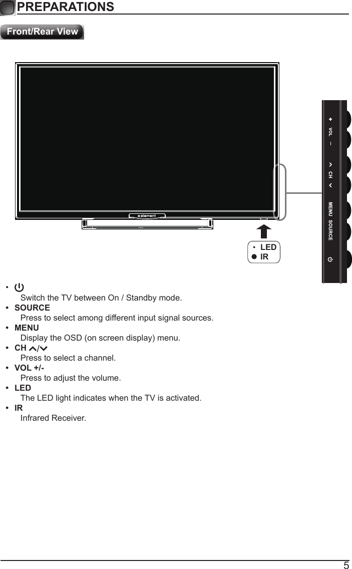 5PREPARATIONS Front/Rear View&bull; Switch the TV between On / Standby mode.&bull;  SOURCEPress to select among different input signal sources.&bull;  MENUDisplay the OSD (on screen display) menu.&bull;  CH Press to select a channel.&bull;  VOL +/-Press to adjust the volume.&bull;  LEDThe LED light indicates when the TV is activated.&bull;  IRInfrared Receiver.LEDIR