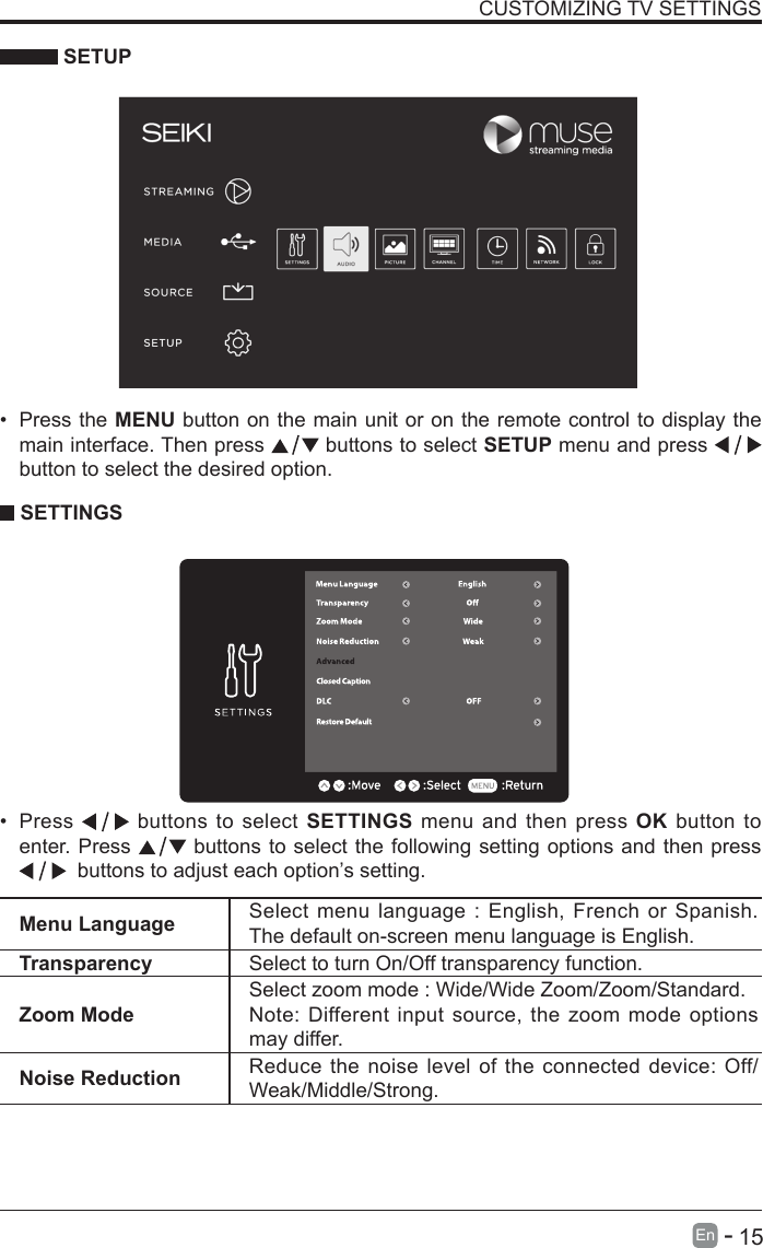       15En   -    SETUPCUSTOMIZING TV SETTINGS&bull; Press the MENU button on the main unit or on the remote control to display the main interface. Then press   buttons to select SETUP menu and press    button to select the desired option.  SETTINGS&bull; Press   buttons to select SETTINGS menu and then press OK button to enter. Press   buttons to select the following setting options and then press   buttons to adjust each option&rsquo;s setting. Menu Language Select menu language : English, French or Spanish. The default on-screen menu language is English.Transparency Select to turn On/Off transparency function.Zoom ModeSelect zoom mode : Wide/Wide Zoom/Zoom/Standard.Note: Different input source, the zoom mode options may differ.Noise Reduction Reduce the noise level of the connected device: Off/Weak/Middle/Strong.