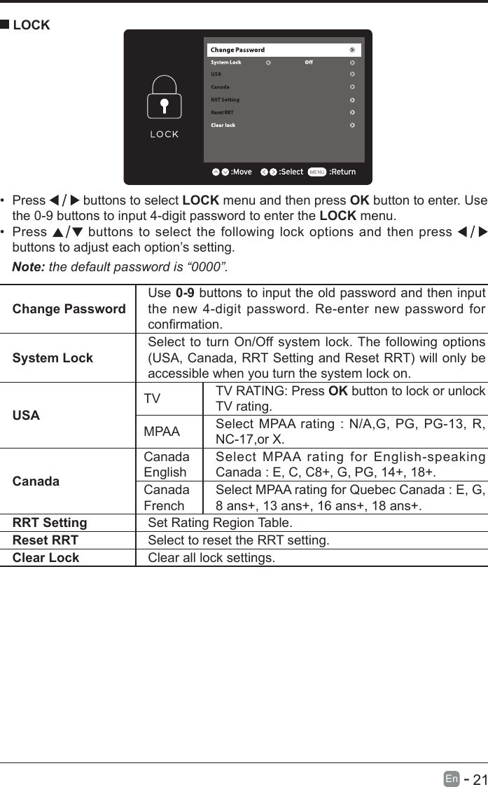       21En   -   &bull; Press   buttons to select LOCK menu and then press OK button to enter. Use the 0-9 buttons to input 4-digit password to enter the LOCK menu.&bull; Press   buttons to select the following lock options and then press buttons to adjust each option&rsquo;s setting. LOCKNote: the default password is &ldquo;0000&rdquo;. Change PasswordUse 0-9 buttons to input the old password and then input the new 4-digit password. Re-enter new password for conrmation.System LockSelect to turn On/Off system lock. The following options (USA,Canada,RRTSettingandResetRRT)willonlybeaccessible when you turn the system lock on.USATV TV RATING: Press OK button to lock or unlock TV rating.MPAA Select MPAA rating : N/A,G, PG, PG-13, R, NC-17,or X.CanadaCanada EnglishSelect MPAA rating for English-speaking Canada : E, C, C8+, G, PG, 14+, 18+.Canada FrenchSelect MPAA rating for Quebec Canada : E, G, 8 ans+, 13 ans+, 16 ans+, 18 ans+.RRT Setting Set Rating Region Table.Reset RRT Select to reset the RRT setting.Clear Lock Clear all lock settings. 