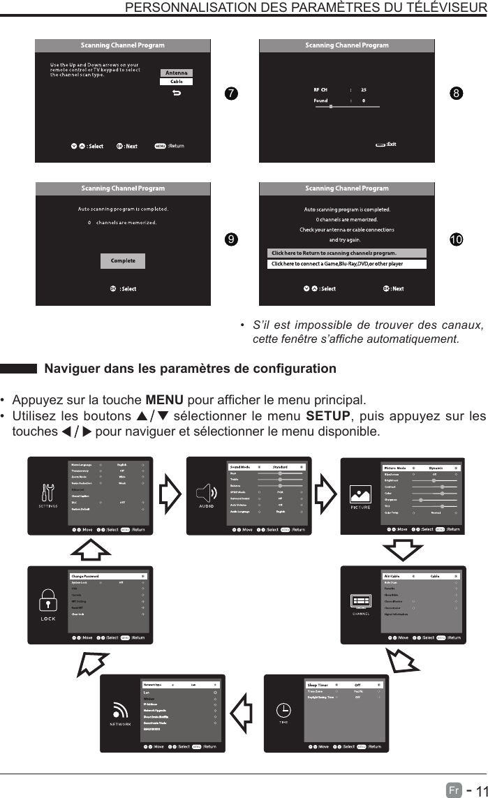       11Fr   -   &bull;  S&rsquo;il est impossible de trouver des canaux, cette fen&ecirc;tre s&rsquo;afche automatiquement.Naviguerdanslesparam&egrave;tresdeconguration&bull;  Appuyez sur la touche MENU pour afcher le menu principal.&bull;  Utilisez les boutons   s&eacute;lectionner le menu SETUP, puis appuyez sur les touches   pour naviguer et s&eacute;lectionner le menu disponible.  PERSONNALISATION DES PARAM&Egrave;TRES DU T&Eacute;L&Eacute;VISEUR9876789:ExitMENU