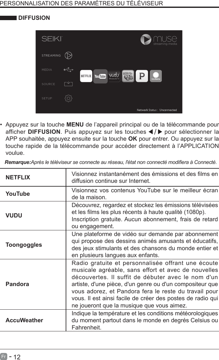      12Fr   -   PERSONNALISATION DES PARAM&Egrave;TRES DU T&Eacute;L&Eacute;VISEUR DIFFUSIONNETFLIX Visionnez instantan&eacute;ment des &eacute;missions et des lms en diffusion continue sur Internet.YouTube Visionnez vos contenus YouTube sur le meilleur &eacute;cran de la maison.VUDUD&eacute;couvrez, regardez et stockez les &eacute;missions t&eacute;l&eacute;vis&eacute;es et les lms les plus r&eacute;cents &agrave; haute qualit&eacute; (1080p).Inscription gratuite. Aucun abonnement, frais de retard ou engagement.  Toongoggles Une plateforme de vid&eacute;o sur demande par abonnement qui propose des dessins anim&eacute;s amusants et &eacute;ducatifs, des jeux stimulants et des chansons du monde entier et en plusieurs langues aux enfants.PandoraRadio gratuite et personnalis&eacute;e offrant une &eacute;coute musicale agr&eacute;able, sans effort et avec de nouvelles d&eacute;couvertes. Il suffit de d&eacute;buter avec le nom d'un artiste, d'une pi&egrave;ce, d'un genre ou d'un compositeur que vous adorez, et Pandora fera le reste du travail pour vous. Il est ainsi facile de cr&eacute;er des postes de radio qui ne joueront que la musique que vous aimez.AccuWeatherIndique la temp&eacute;rature et les conditions m&eacute;t&eacute;orologiques du moment partout dans le monde en degr&eacute;s Celsius ou Fahrenheit.&bull;  Appuyez sur la touche MENU de l&rsquo;appareil principal ou de la t&eacute;l&eacute;commande pour afficher DIFFUSION. Puis appuyez sur les touches   pour s&eacute;lectionner la APP souhait&eacute;e, appuyez ensuite sur la touche OK pour entrer. Ou appuyez sur la touche rapide de la t&eacute;l&eacute;commande pour acc&eacute;der directement &agrave; l&rsquo;APPLICATION voulue. Remarque:Apr&egrave;s le t&eacute;l&eacute;viseur se connecte au r&eacute;seau, l'&eacute;tat non connect&eacute; modiera &agrave; Connect&eacute;.