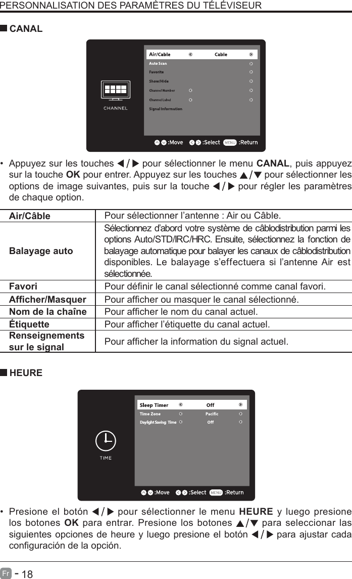       18Fr   -   Air/C&acirc;ble Pour s&eacute;lectionner l&rsquo;antenne : Air ou C&acirc;ble. Balayage autoS&eacute;lectionnez d&rsquo;abord votre syst&egrave;me de c&acirc;blodistribution parmi les options Auto/STD/IRC/HRC. Ensuite, s&eacute;lectionnez la fonction de balayage automatique pour balayer les canaux de c&acirc;blodistribution disponibles. Le balayage s&rsquo;effectuera si l&rsquo;antenne Air est s&eacute;lectionn&eacute;e.Favori Pour d&eacute;nir le canal s&eacute;lectionn&eacute; comme canal favori.Afcher/Masquer Pour afcher ou masquer le canal s&eacute;lectionn&eacute;.Nom de la cha&icirc;ne Pour afcher le nom du canal actuel.&Eacute;tiquette Pour afcher l&rsquo;&eacute;tiquette du canal actuel.Renseignements sur le signal Pour afcher la information du signal actuel. PERSONNALISATION DES PARAM&Egrave;TRES DU T&Eacute;L&Eacute;VISEUR&bull;  Appuyez sur les touches   pour s&eacute;lectionner le menu CANAL, puis appuyez sur la touche OK pour entrer. Appuyez sur les touches   pour s&eacute;lectionner les options de image suivantes, puis sur la touche   pour r&eacute;gler les param&egrave;tres de chaque option.     CANAL&bull;  Presione el bot&oacute;n   pour s&eacute;lectionner le menu HEURE y luego presione los botones OK para entrar. Presione los botones   para seleccionar las siguientes opciones de heure y luego presione el bot&oacute;n   para ajustar cada conguraci&oacute;n de la opci&oacute;n.    HEURE