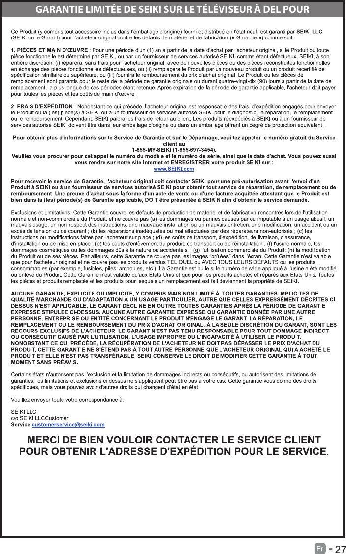       27Fr  -   GARANTIE LIMIT&Eacute;E DE SEIKI SUR LE T&Eacute;L&Eacute;VISEUR &Agrave; DEL POUR