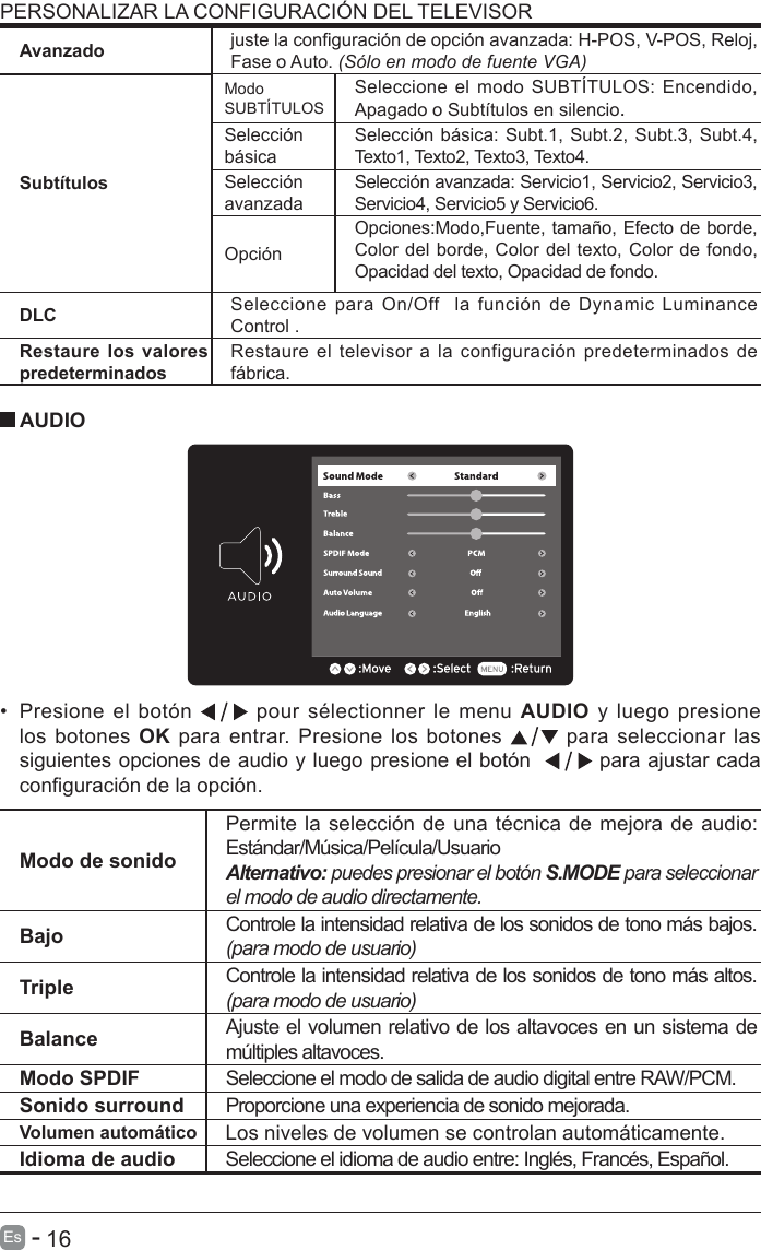      16Es   -   PERSONALIZAR LA CONFIGURACI&Oacute;N DEL TELEVISORAvanzado juste la conguraci&oacute;n de opci&oacute;n avanzada: H-POS, V-POS, Reloj, Fase o Auto. (S&oacute;lo en modo de fuente VGA)Subt&iacute;tulosModo SUBT&Iacute;TULOSSeleccione el modo SUBT&Iacute;TULOS: Encendido, Apagado o Subt&iacute;tulos en silencio.Selecci&oacute;nb&aacute;sicaSelecci&oacute;n b&aacute;sica: Subt.1, Subt.2, Subt.3, Subt.4, Texto1, Texto2, Texto3, Texto4.Selecci&oacute;navanzadaSelecci&oacute;n avanzada: Servicio1, Servicio2, Servicio3, Servicio4, Servicio5 y Servicio6.Opci&oacute;nOpciones:Modo,Fuente, tama&ntilde;o, Efecto de borde, Color del borde, Color del texto, Color de fondo,  Opacidad del texto, Opacidad de fondo.DLC Seleccione para  On/Off    la funci&oacute;n  de  Dynamic  Luminance Control .Restaure los valores predeterminadosRestaure el televisor a la configuraci&oacute;n  predeterminados  de f&aacute;brica.&bull;  Presione  el bot&oacute;n   pour s&eacute;lectionner le menu AUDIO y luego presione los botones OK para entrar. Presione los botones   para seleccionar las siguientes opciones de audio y luego presione el bot&oacute;n    para ajustar cada conguraci&oacute;n de la opci&oacute;n.     AUDIOModo de sonidoPermite la selecci&oacute;n de una t&eacute;cnica de mejora de audio: Est&aacute;ndar/M&uacute;sica/Pel&iacute;cula/UsuarioAlternativo: puedes presionar el bot&oacute;n S.MODE para seleccionar el modo de audio directamente.Bajo Controle la intensidad relativa de los sonidos de tono m&aacute;s bajos. (para modo de usuario)Triple Controle la intensidad relativa de los sonidos de tono m&aacute;s altos. (para modo de usuario)Balance Ajuste el volumen relativo de los altavoces en un sistema de m&uacute;ltiples altavoces.Modo SPDIF Seleccione el modo de salida de audio digital entre RAW/PCM.Sonido surround Proporcione una experiencia de sonido mejorada.Volumen autom&aacute;tico Los niveles de volumen se controlan autom&aacute;ticamente.Idioma de audio Seleccione el idioma de audio entre: Ingl&eacute;s, Franc&eacute;s, Espa&ntilde;ol.