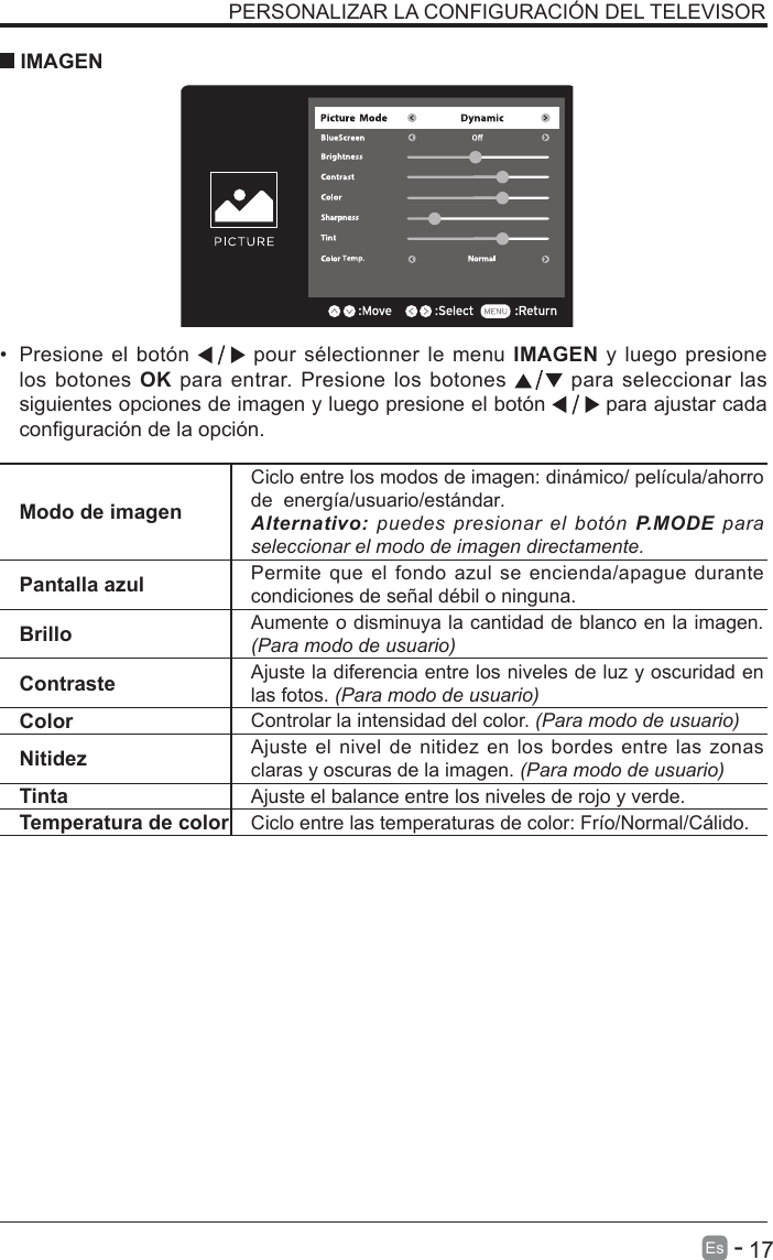       17Es   -   PERSONALIZAR LA CONFIGURACI&Oacute;N DEL TELEVISOR&bull;  Presione el bot&oacute;n   pour s&eacute;lectionner le menu IMAGEN y luego presione los botones OK para entrar. Presione los botones   para seleccionar las siguientes opciones de imagen y luego presione el bot&oacute;n   para ajustar cada conguraci&oacute;n de la opci&oacute;n.    IMAGENModo de imagenCiclo entre los modos de imagen: din&aacute;mico/ pel&iacute;cula/ahorro de  energ&iacute;a/usuario/est&aacute;ndar.Alternativo:  puedes  presionar  el  bot&oacute;n  P.MODE para seleccionar el modo de imagen directamente.Pantalla azul Permite que el fondo azul se encienda/apague  durante condiciones de se&ntilde;al d&eacute;bil o ninguna.Brillo Aumente o disminuya la cantidad de blanco en la imagen.(Para modo de usuario)Contraste Ajuste la diferencia entre los niveles de luz y oscuridad en las fotos. (Para modo de usuario)Color Controlar la intensidad del color. (Para modo de usuario)Nitidez Ajuste el nivel de nitidez en los bordes entre las zonas claras y oscuras de la imagen. (Para modo de usuario)Tinta Ajuste el balance entre los niveles de rojo y verde.Temperatura de color Ciclo entre las temperaturas de color: Fr&iacute;o/Normal/C&aacute;lido.