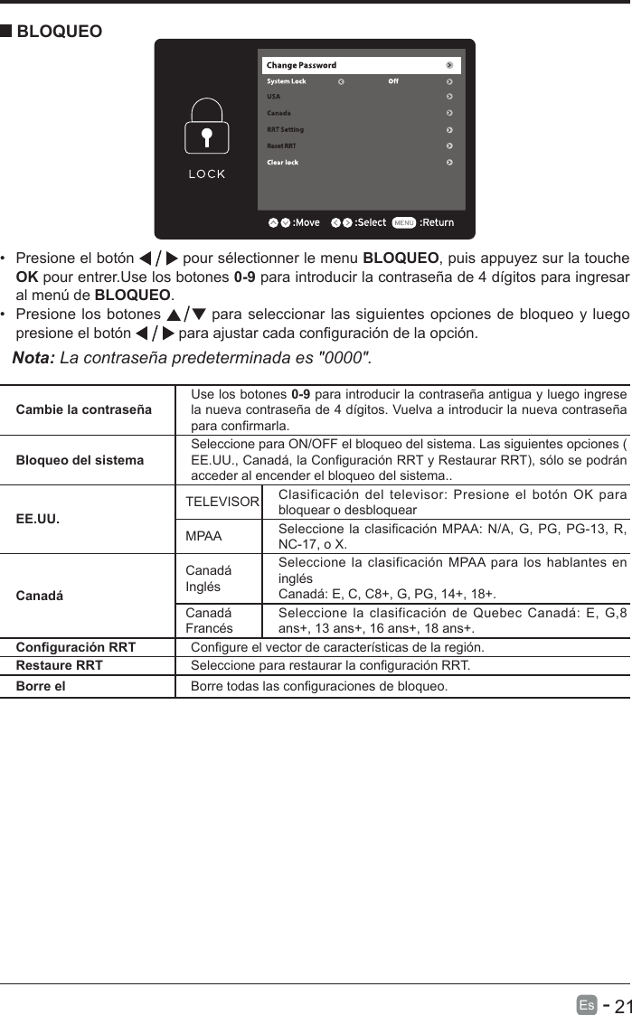       21Es   -   &bull;  Presione el bot&oacute;n   pour s&eacute;lectionner le menu BLOQUEO, puis appuyez sur la touche OK pour entrer.Use los botones 0-9 para introducir la contrase&ntilde;a de 4 d&iacute;gitos para ingresar al men&uacute; de BLOQUEO.    &bull;  Presione los botones   para seleccionar las siguientes opciones de bloqueo y luego presione el bot&oacute;n   para ajustar cada conguraci&oacute;n de la opci&oacute;n.    BLOQUEONota: La contrase&ntilde;a predeterminada es "0000".  Cambie la contrase&ntilde;aUse los botones 0-9 para introducir la contrase&ntilde;a antigua y luego ingrese la nueva contrase&ntilde;a de 4 d&iacute;gitos. Vuelva a introducir la nueva contrase&ntilde;a para conrmarla.Bloqueo del sistemaSeleccione para ON/OFF el bloqueo del sistema. Las siguientes opciones ( EE.UU., Canad&aacute;, la Conguraci&oacute;n RRT y Restaurar RRT), s&oacute;lo se podr&aacute;n acceder al encender el bloqueo del sistema..EE.UU.TELEVISOR Clasificaci&oacute;n del televisor: Presione  el  bot&oacute;n  OK  para bloquear o desbloquearMPAA Seleccione la clasicaci&oacute;n MPAA: N/A, G, PG, PG-13, R, NC-17, o X.Canad&aacute;Canad&aacute;Ingl&eacute;sSeleccione la  clasificaci&oacute;n MPAA para los hablantes en ingl&eacute;sCanad&aacute;: E, C, C8+, G, PG, 14+, 18+.Canad&aacute;Franc&eacute;sSeleccione la  clasificaci&oacute;n  de  Quebec Canad&aacute;: E,  G,8 ans+, 13 ans+, 16 ans+, 18 ans+.Conguraci&oacute;n RRT Congure el vector de caracter&iacute;sticas de la regi&oacute;n.Restaure RRT Seleccione para restaurar la conguraci&oacute;n RRT.Borre el  Borre todas las conguraciones de bloqueo.