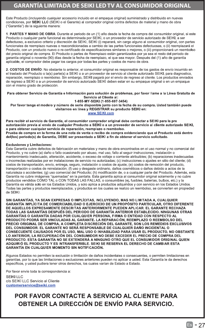      27Es  -   GARANT&Iacute;A LIMITADA DE SEIKI LED TV AL CONSUMIDOR ORIGINAL