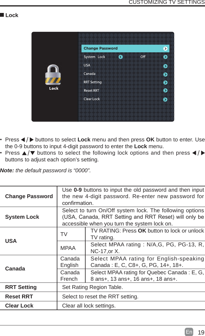 19En  CUSTOMIZING TV SETTINGS Lock&bull; Press   buttons to select Lock menu and then press OK button to enter. Use the 0-9 buttons to input 4-digit password to enter the Lock menu.&bull; Press   buttons to select the following lock options and then press buttons to adjust each option&rsquo;s setting.Note: the default password is &ldquo;0000&rdquo;. Change Password Use 0-9 buttons to input the old password and then input the new 4-digit password. Re-enter new password for conrmation.System Lock Select to turn On/Off system lock. The following options (USA,Canada,RRTSettingandRRTReset)willonlybeaccessible when you turn the system lock on.USA TV TV RATING: Press OK button to lock or unlock TV rating.MPAA Select MPAA rating : N/A,G, PG, PG-13, R, NC-17,or X.CanadaCanada English Select MPAA rating for English-speaking Canada : E, C, C8+, G, PG, 14+, 18+.Canada French Select MPAA rating for Quebec Canada : E, G, 8 ans+, 13 ans+, 16 ans+, 18 ans+.RRT Setting Set Rating Region Table.Reset RRT Select to reset the RRT setting.Clear Lock Clear all lock settings. 