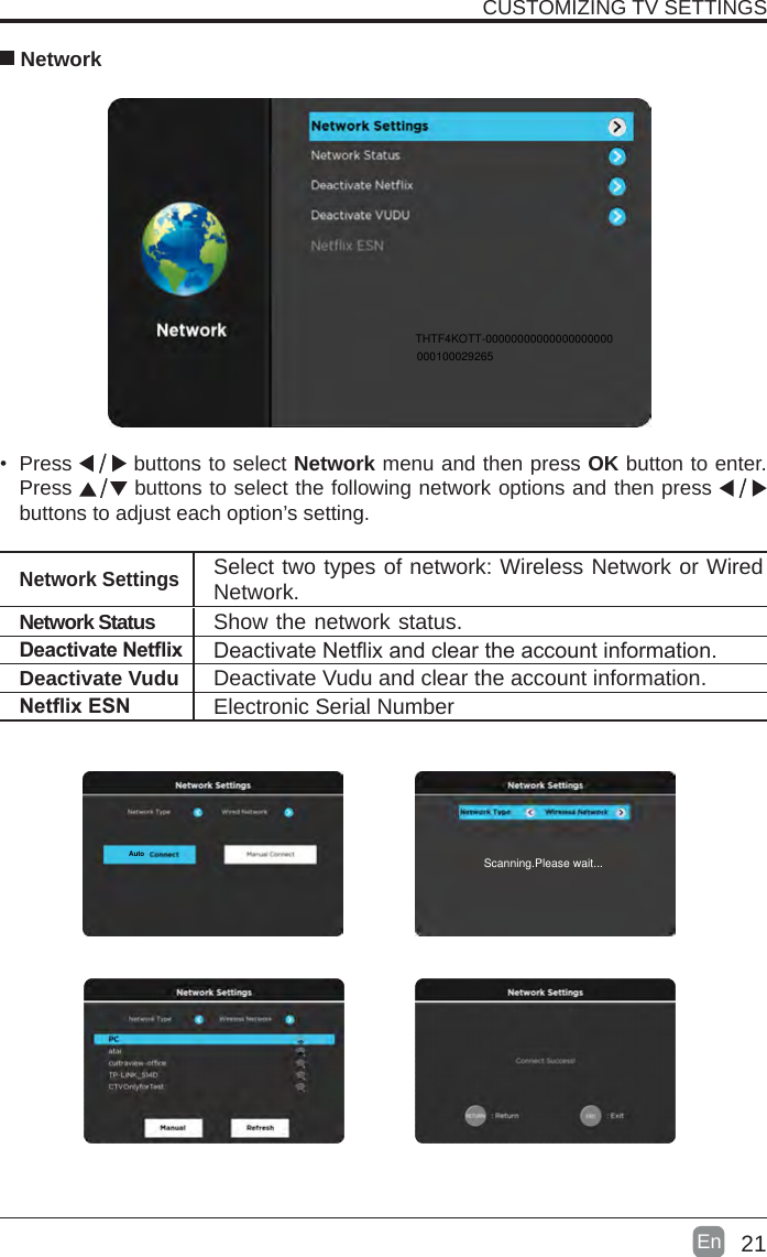 21En  &bull; Press   buttons to select Network menu and then press OK button to enter. Press   buttons to select the following network options and then press   buttons to adjust each option&rsquo;s setting.   NetworkNetwork SettingsSelect two types of network: Wireless Network or Wired Network.DeactivateNetix DeactivateNetixandcleartheaccountinformation.Deactivate Vudu Deactivate Vudu and clear the account information.NetixESN Electronic Serial NumberCUSTOMIZING TV SETTINGSAutoNetwork Status Show the network status.THTF4KOTT-00000000000000000000000100029265Scanning.Please wait...