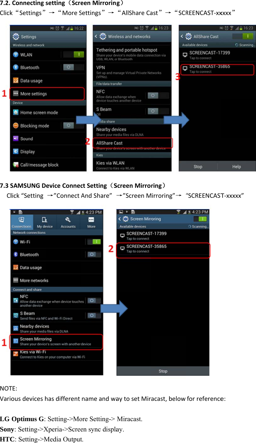 7.2.Click7.3SClNOTVarioLG SonyHTCConnectingsk&ldquo;Settings&rdquo;SAMSUNGDelick&ldquo;SettingTE:ousdeviceshOptimus G: y: Setting->XC: Setting->Msetting（Scre&rarr;&ldquo;MoreSeviceConnec&rarr;&rdquo;ConnectAhasdifferentSetting->MoXperia->ScreeMedia OutputeenMirrorinSettings&rdquo;&rarr;ctSetting（SAndShare&rdquo;&rarr;nameandwaore Setting-> en sync displat. g）&ldquo;AllShareCaScreenMirror&rarr;&rdquo;ScreenMaytosetMirMiracast. ay. ast&rdquo;&rarr;&ldquo;SCRring）irroring&rdquo;&rarr; &ldquo;acast,belowREENCAST‐xx&ldquo;SCREENCAST forreferencexxxx&rdquo;T‐xxxxx&rdquo; e:
