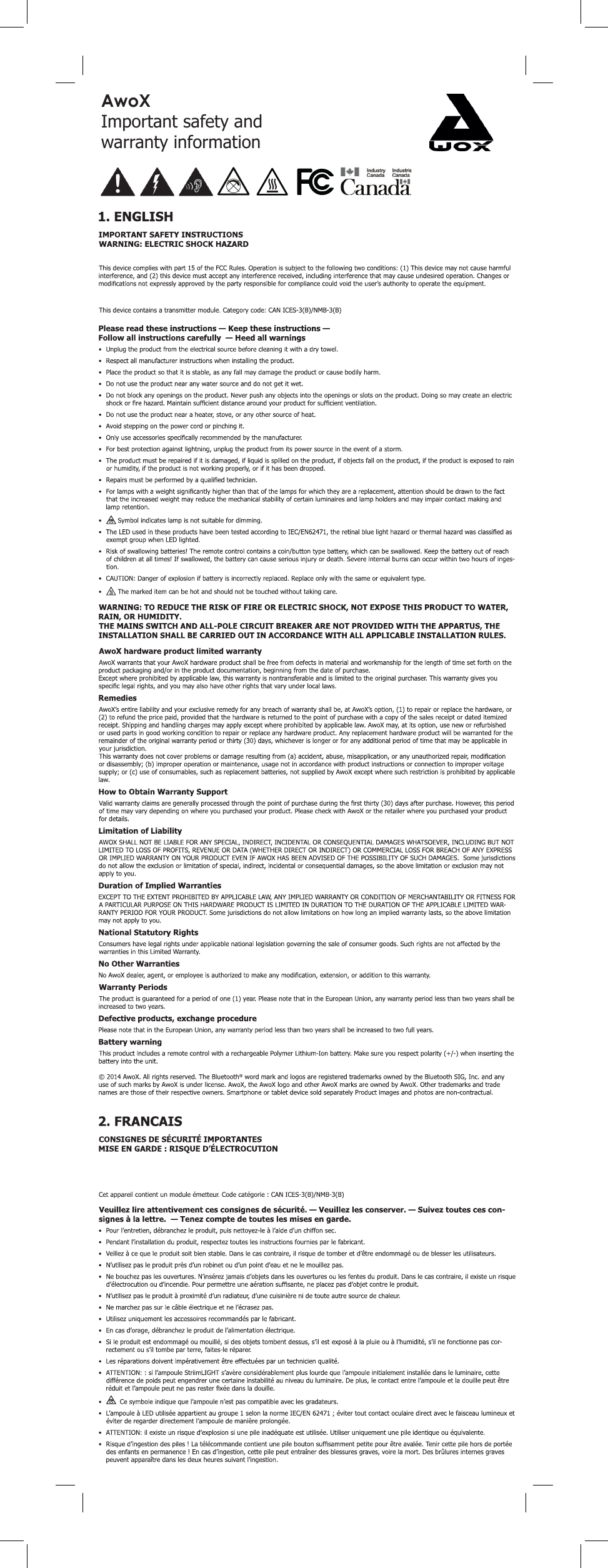                                                                                                                                                                                               AwoXImportant safety and warranty information