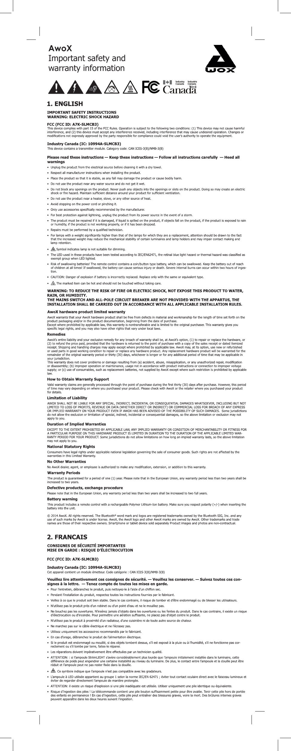                                                                                                                                                                                              AwoXImportant safety and warranty information