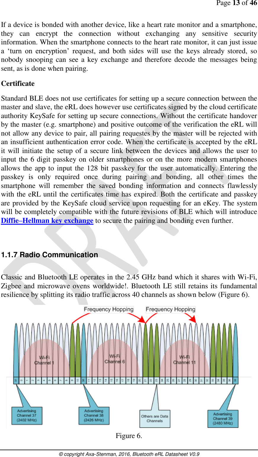 Page 13 of 46      © copyright Axa-Stenman, 2016, Bluetooth eRL Datasheet V0.9    If a device is bonded with another device, like a heart rate monitor and a smartphone, they  can  encrypt  the  connection  without  exchanging  any  sensitive  security information. When the smartphone connects to the heart rate monitor, it can just issue a  ‘turn  on  encryption’  request,  and  both  sides  will  use  the  keys  already  stored,  so nobody  snooping  can see a key exchange and therefore decode the messages being sent, as is done when pairing. Certificate Standard BLE does not use certificates for setting up a secure connection between the master and slave, the eRL does however use certificates signed by the cloud certificate authority KeySafe for setting up secure connections. Without the certificate handover by the master (e.g. smartphone) and positive outcome of the verification the eRL will not allow any device to pair, all pairing requestes by the master will be rejected with an insufficient authentication error code. When the certificate is accepted by the eRL it will initiate the setup of a secure link between the devices and allows the user to input the 6 digit passkey on older smartphones or on the more modern smartphones allows the app to input the 128 bit passkey for the user automatically. Entering the passkey  is  only  required  once  during  pairing  and  bonding,  all  other  times  the smartphone  will  remember  the  saved  bonding  information  and  connects  flawlessly with the eRL until the certificates time has expired. Both the certificate and passkey are provided by the KeySafe cloud service upon requesting for an eKey. The system will be completely compatible with the future revisions of BLE which will introduce Diffie–Hellman key exchange to secure the pairing and bonding even further.  1.1.7 Radio Communication  Classic and Bluetooth LE operates in the 2.45 GHz band which it shares with Wi-Fi, Zigbee and microwave ovens worldwide!. Bluetooth LE still retains its fundamental resilience by splitting its radio traffic across 40 channels as shown below (Figure 6).  Figure 6. 